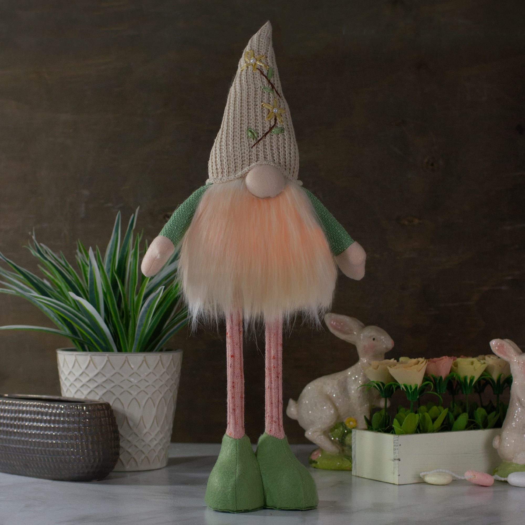 22" Lighted Green & Cream Standing Gnome with Knitted Hat Figure