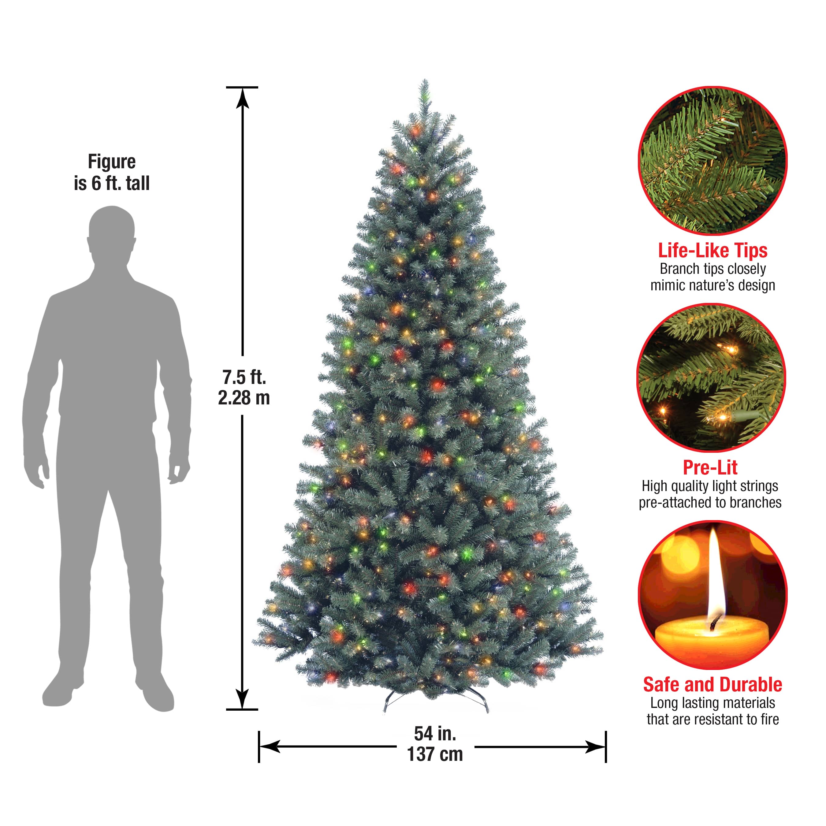 7.5 ft. Pre-lit Hinged North Valley Spruce Blue Medium Artificial Christmas Tree, Multicolor Lights
