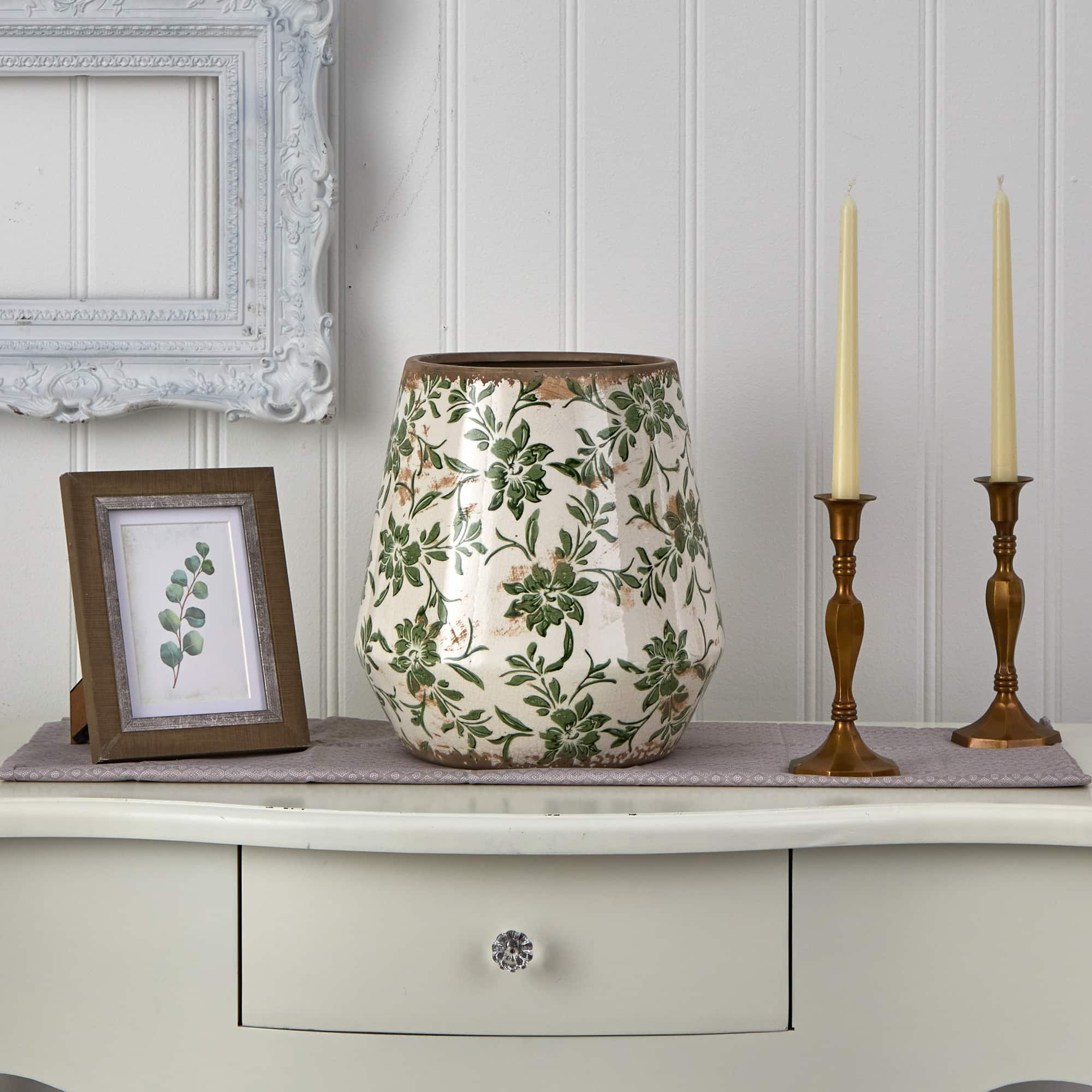 10" Tuscan Ceramic Green Scroll Planter