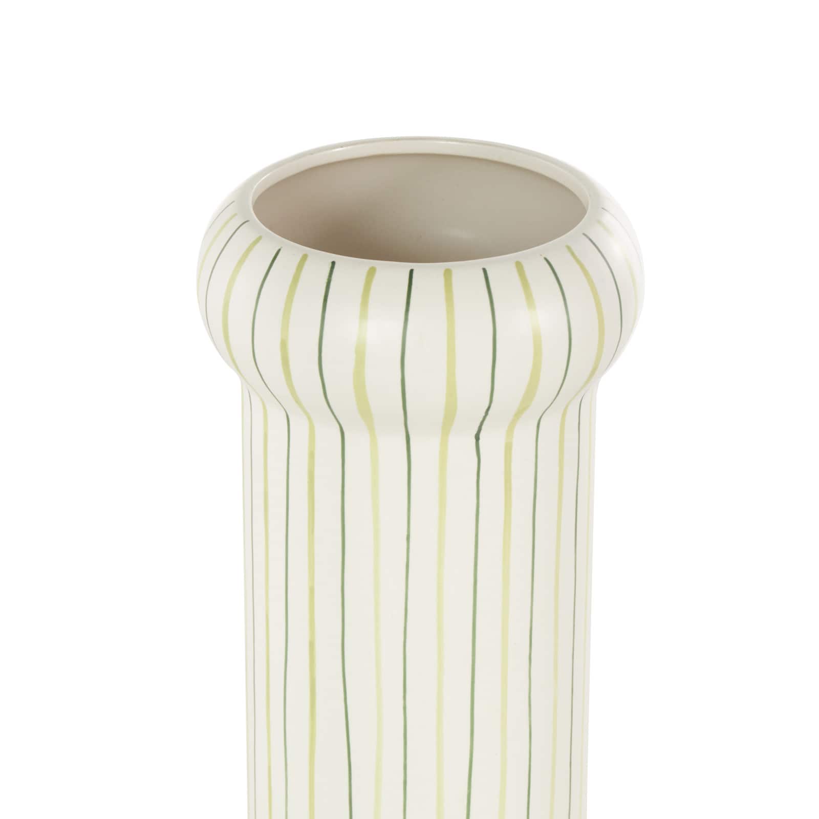 12" White & Green Linear Patterns Round Decorative Ceramic Vase