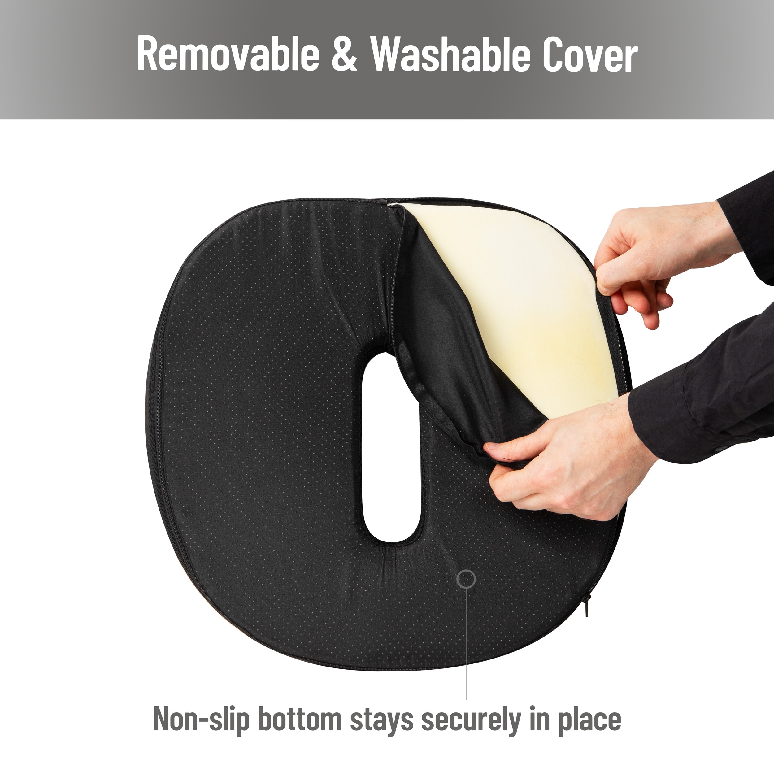 Mind Reader Donut Pillow with Air-Cloud Technology, Ergonomic Memory Foam Seat Cushion for Tailbone, Hemorrhoid, Pregnancy & Lower Back Pain Relief, Washable Cover, Black