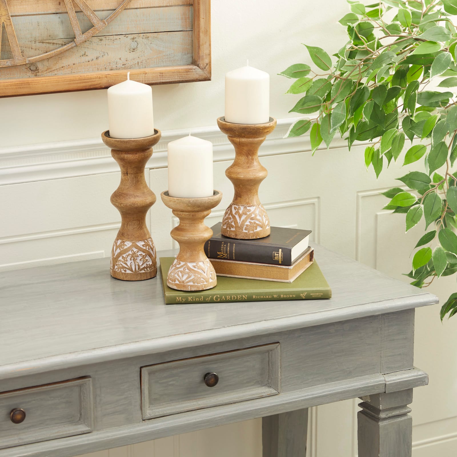 Brown Mango Wood Country Candle Holder Set