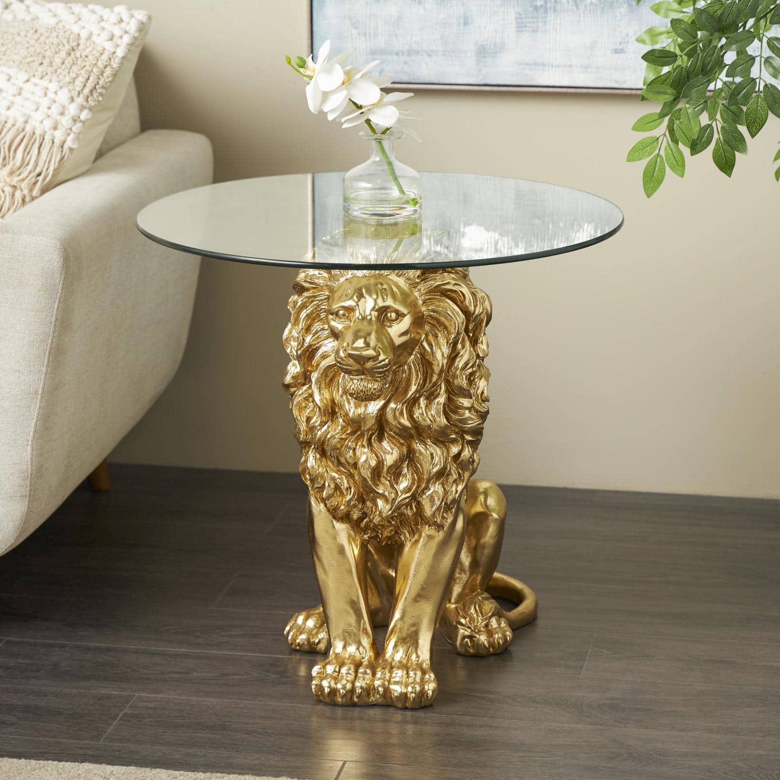 24" x 27" Gold Resin Lion Sitting Accent Table with Glass Tabletop