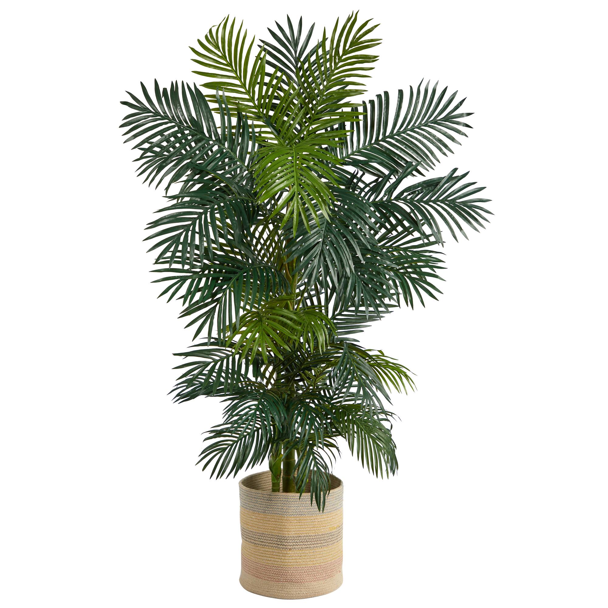 6.5ft. Golden Cane Artificial Palm Tree in Handmade Natural Cotton Multicolored Woven Planter