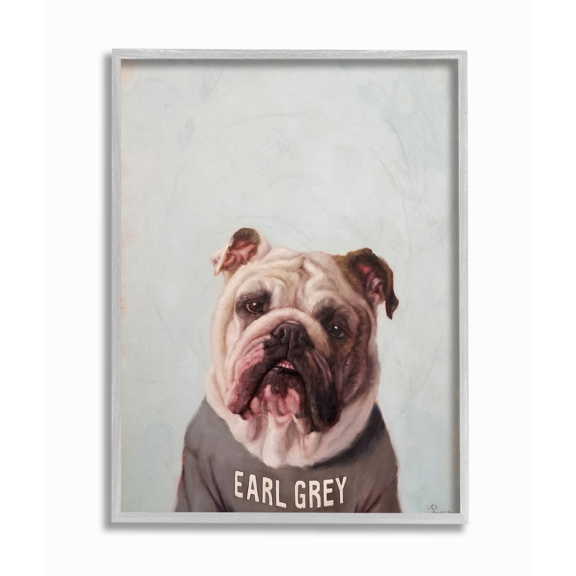 Stupell Industries English Bulldog in Earl Grey Tea Shirt Wall Art in Gray Frame