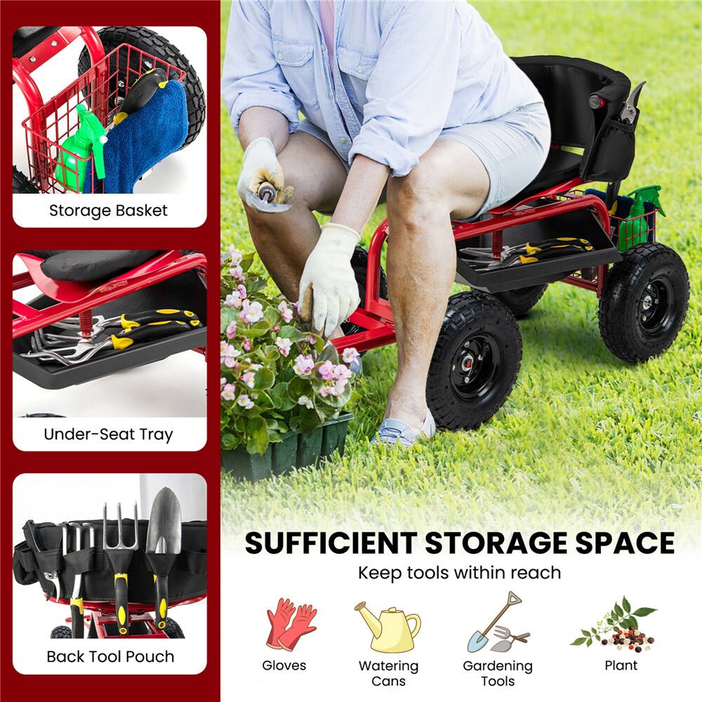 Costway Height-Adjustable Rolling Garden Cart Scooter with Swivel Seat