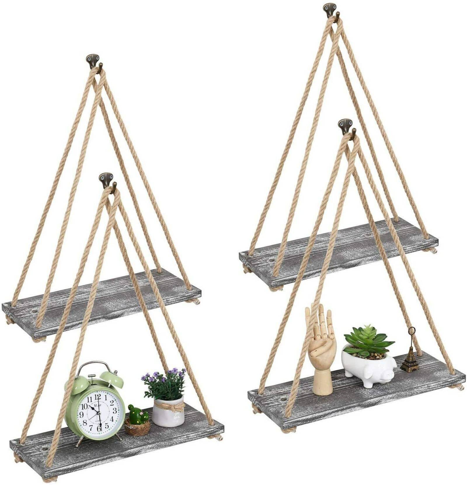 NEX™ 16" Gray Whitewash Hanging Rope Wood Wall Shelves, 4ct.