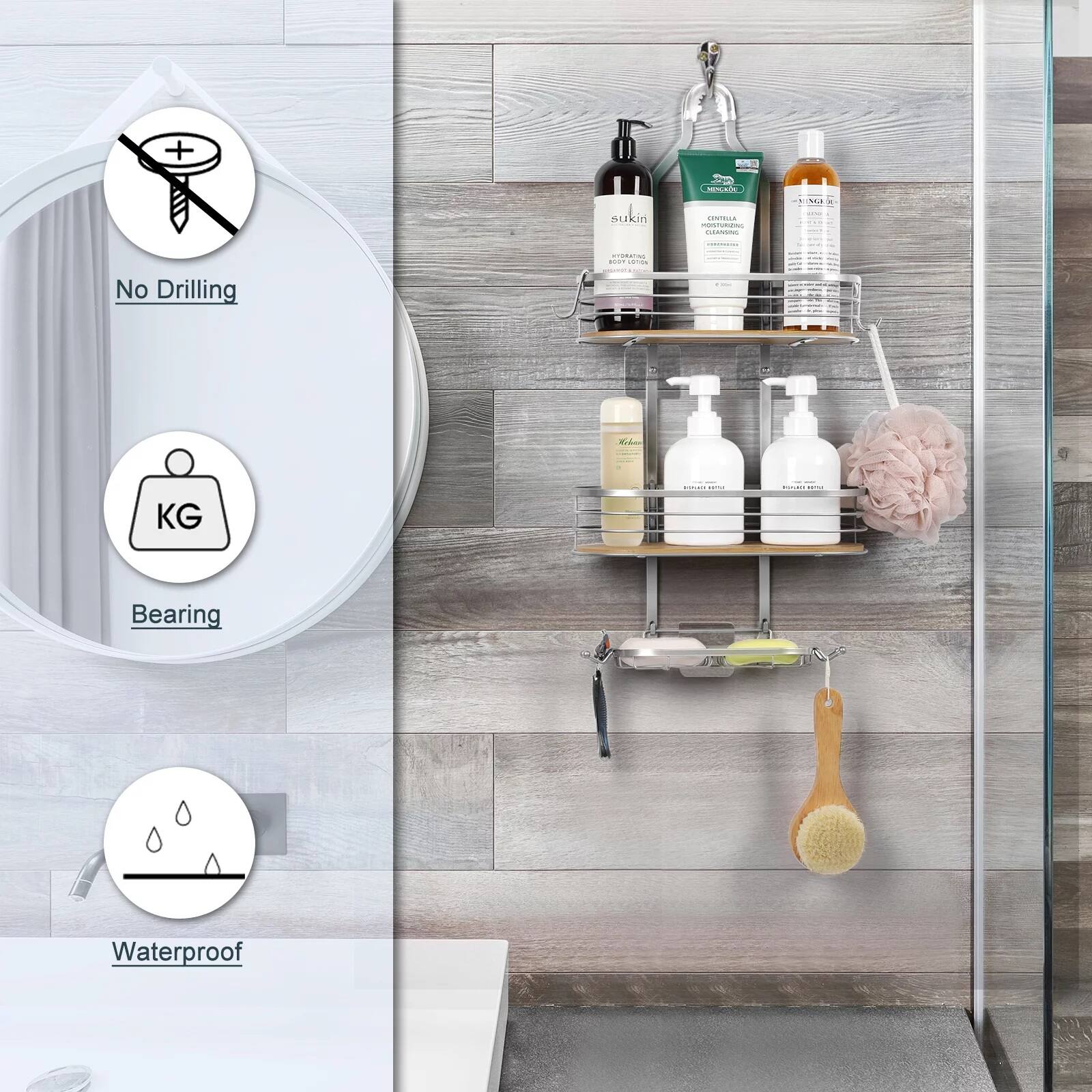 NEX™ Silver Stainless Steel & Bamboo Hanging Caddy Shower Organizer with Hooks
