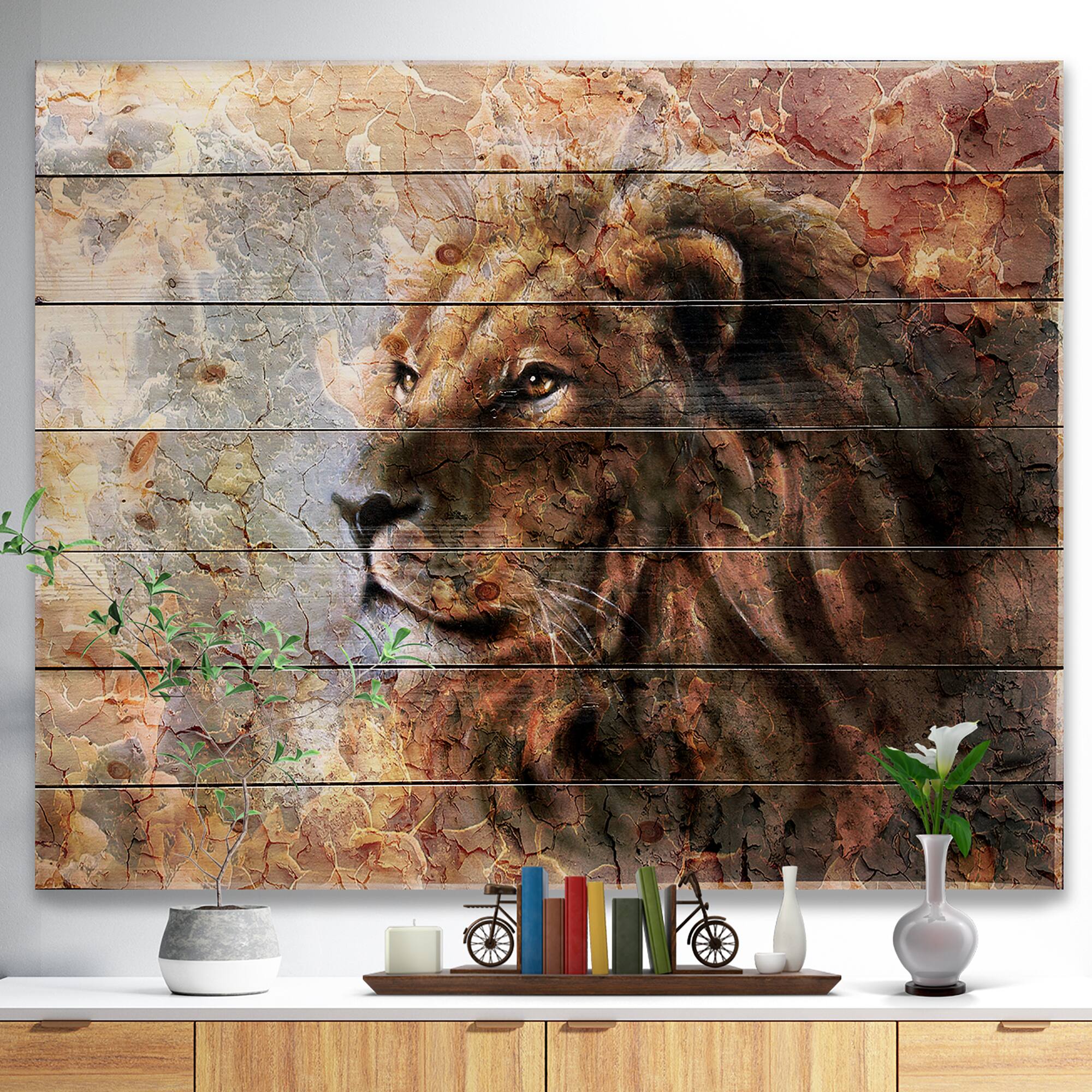 Designart - Peaceful Lion - Animal Art Print on Natural Pine Wood