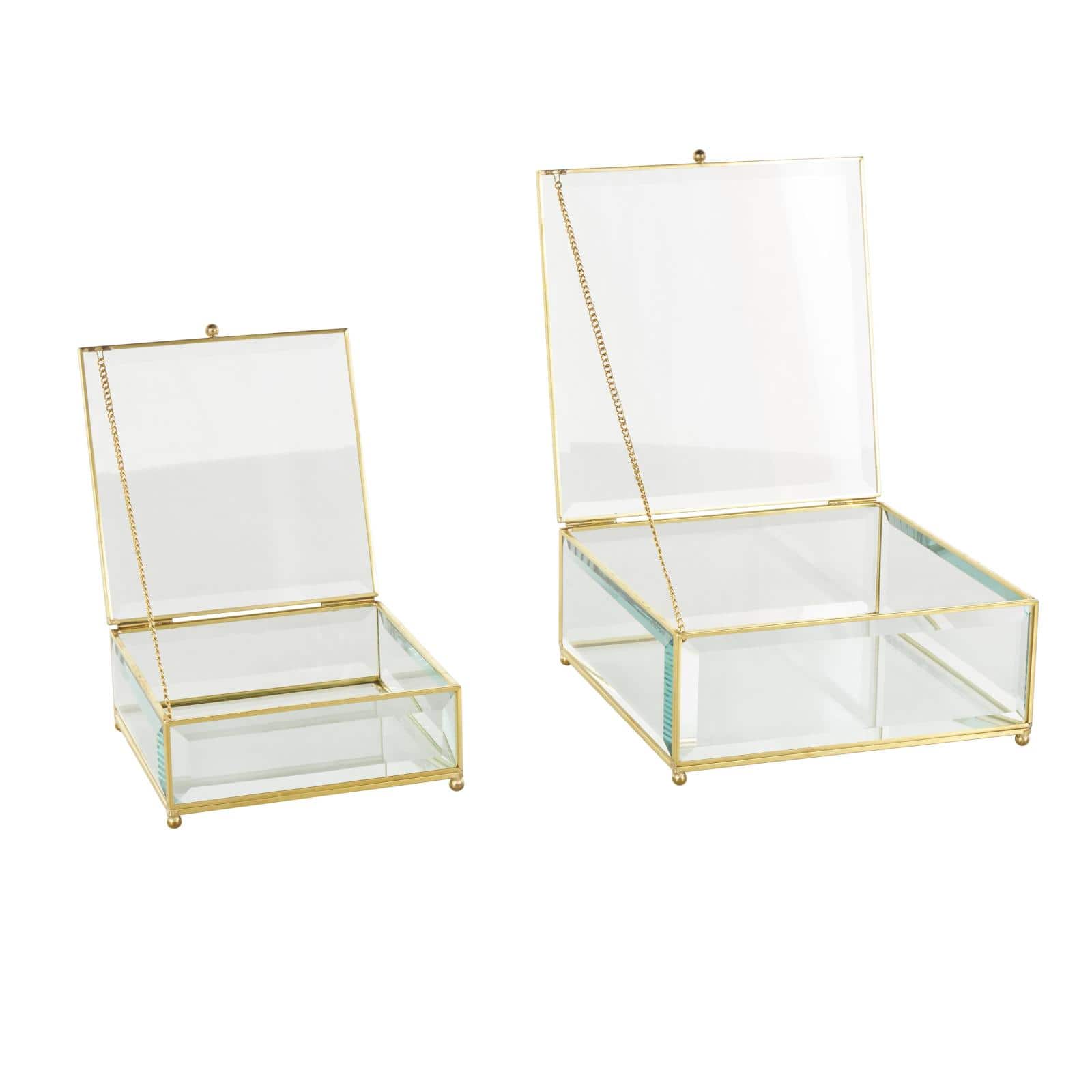 Clear & Gold Beveled Glass & Metal Square Footed Jewelry Box with Chain Accent Set