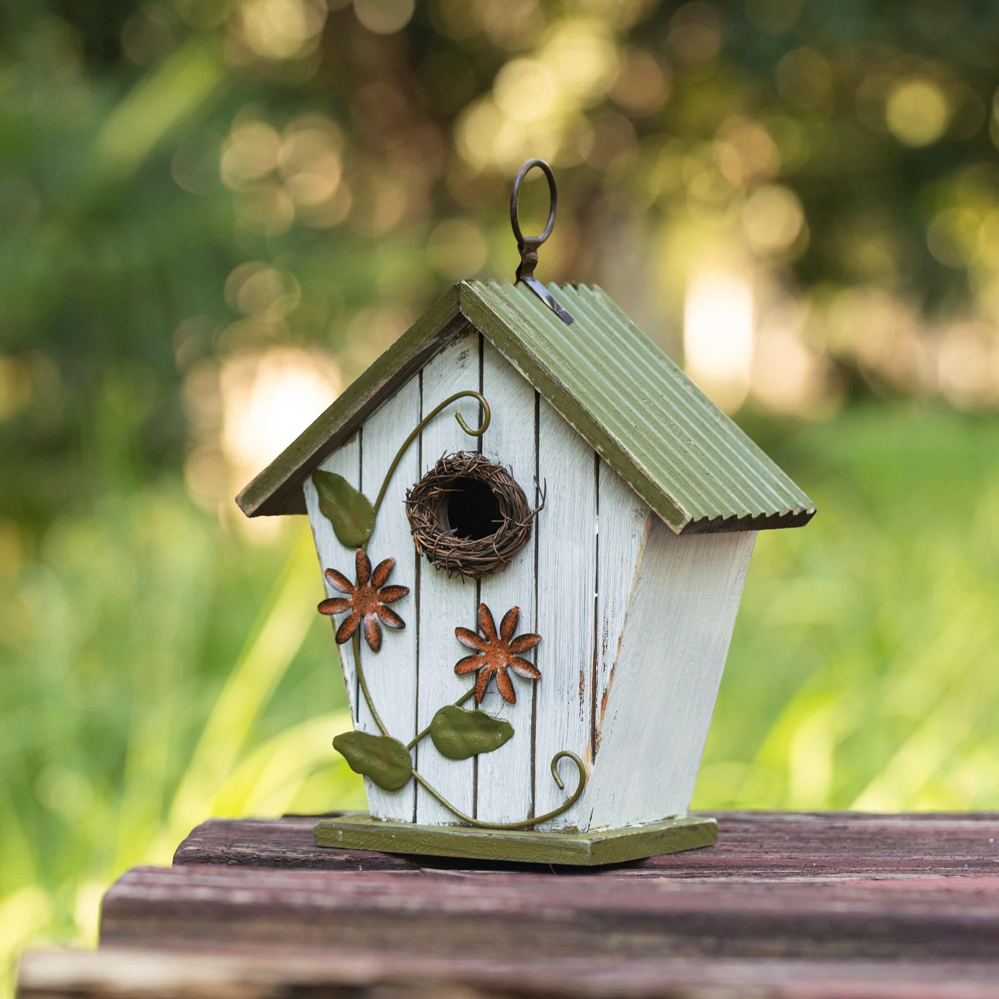 Glitzhome® 8.75" Distressed Solid Wood Decorative Outdoor Garden Birdhouse with 3D Flower