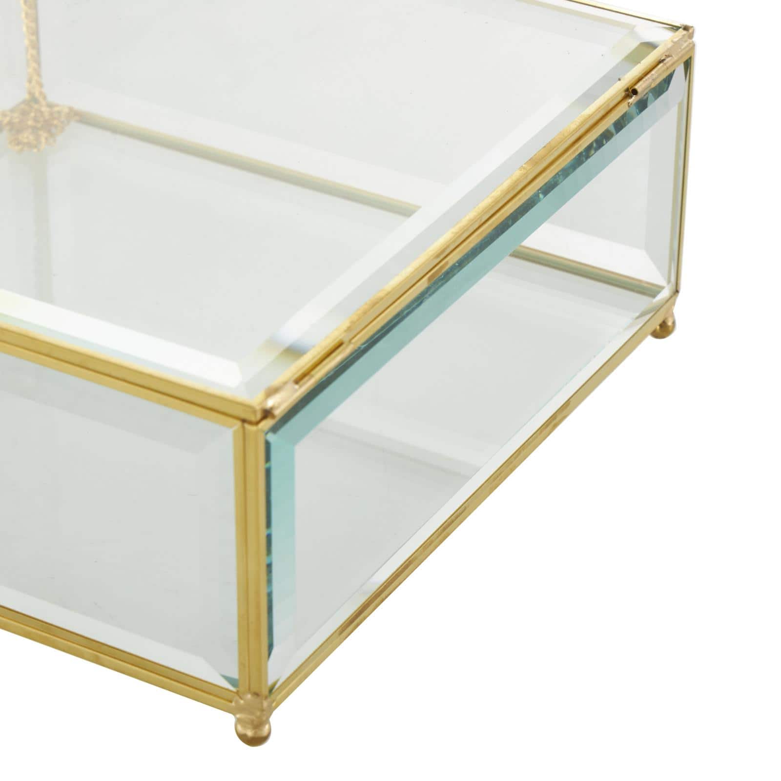 Clear & Gold Beveled Glass & Metal Square Footed Jewelry Box with Chain Accent Set
