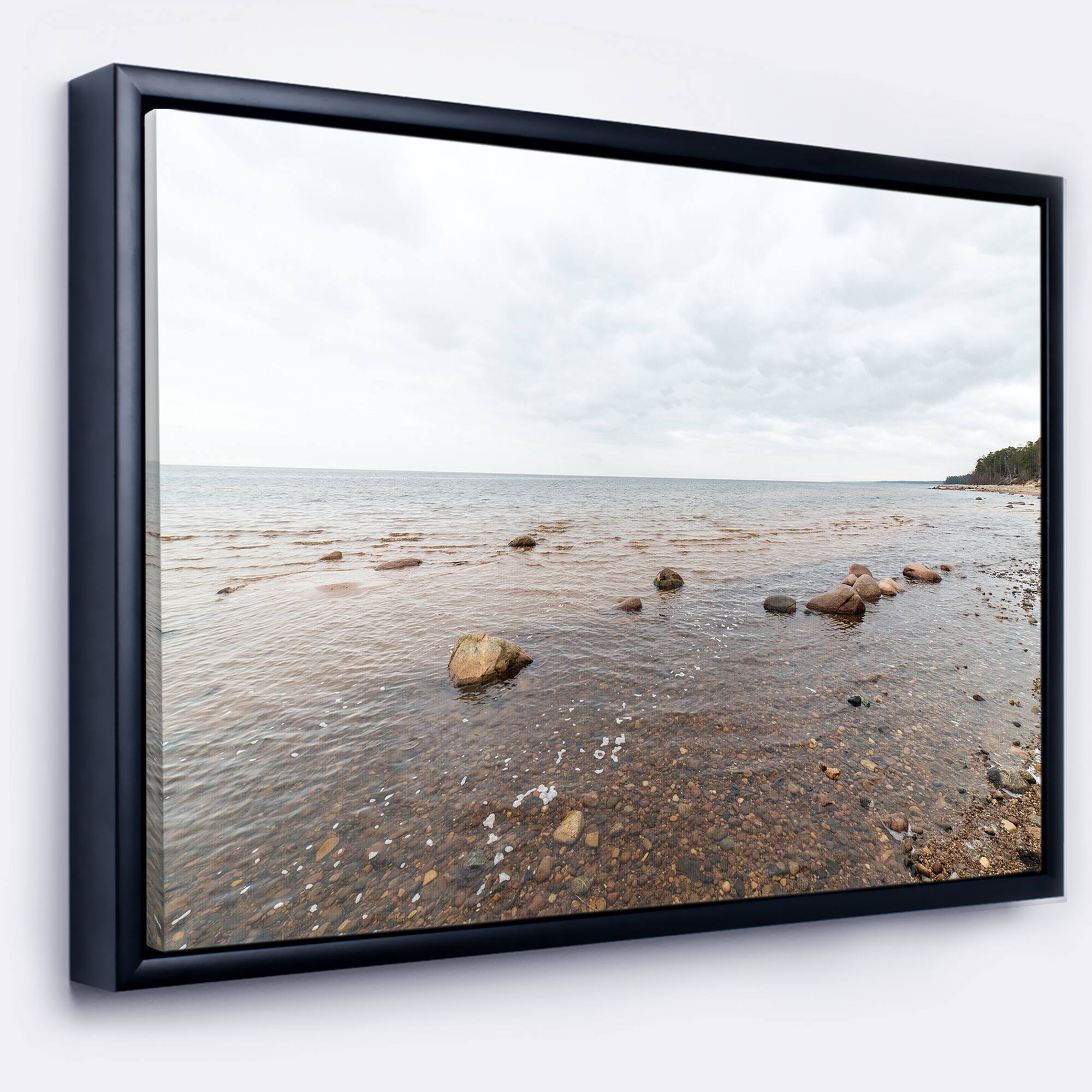 Designart - Rocky Autumn Beach - Seashore Photography Canvas Print in Black Frame