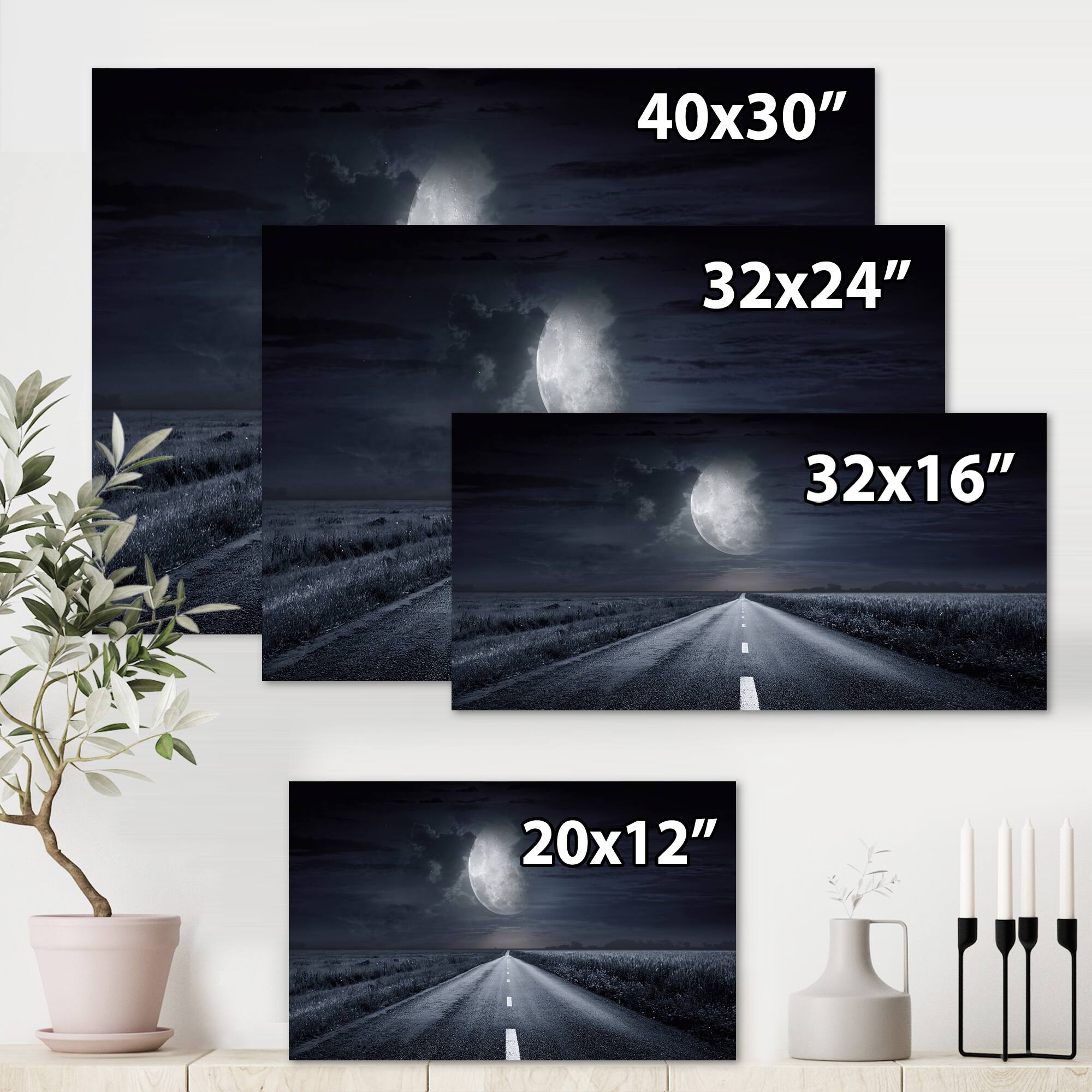 Designart - Asphalt Road Under Cloudy Full Moon III