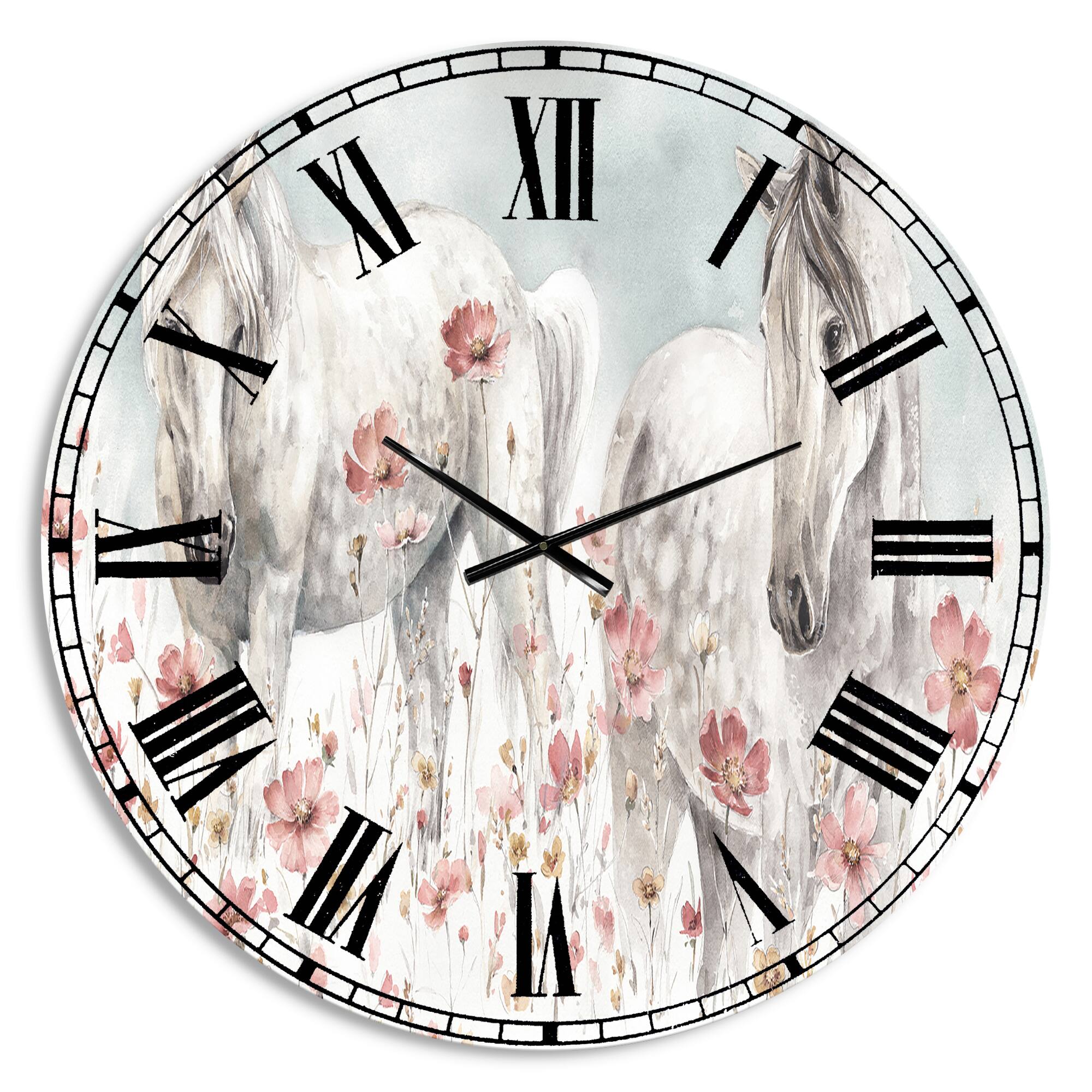 Designart 'Watercolors Pink Wild Horses Traditional Wall Clock