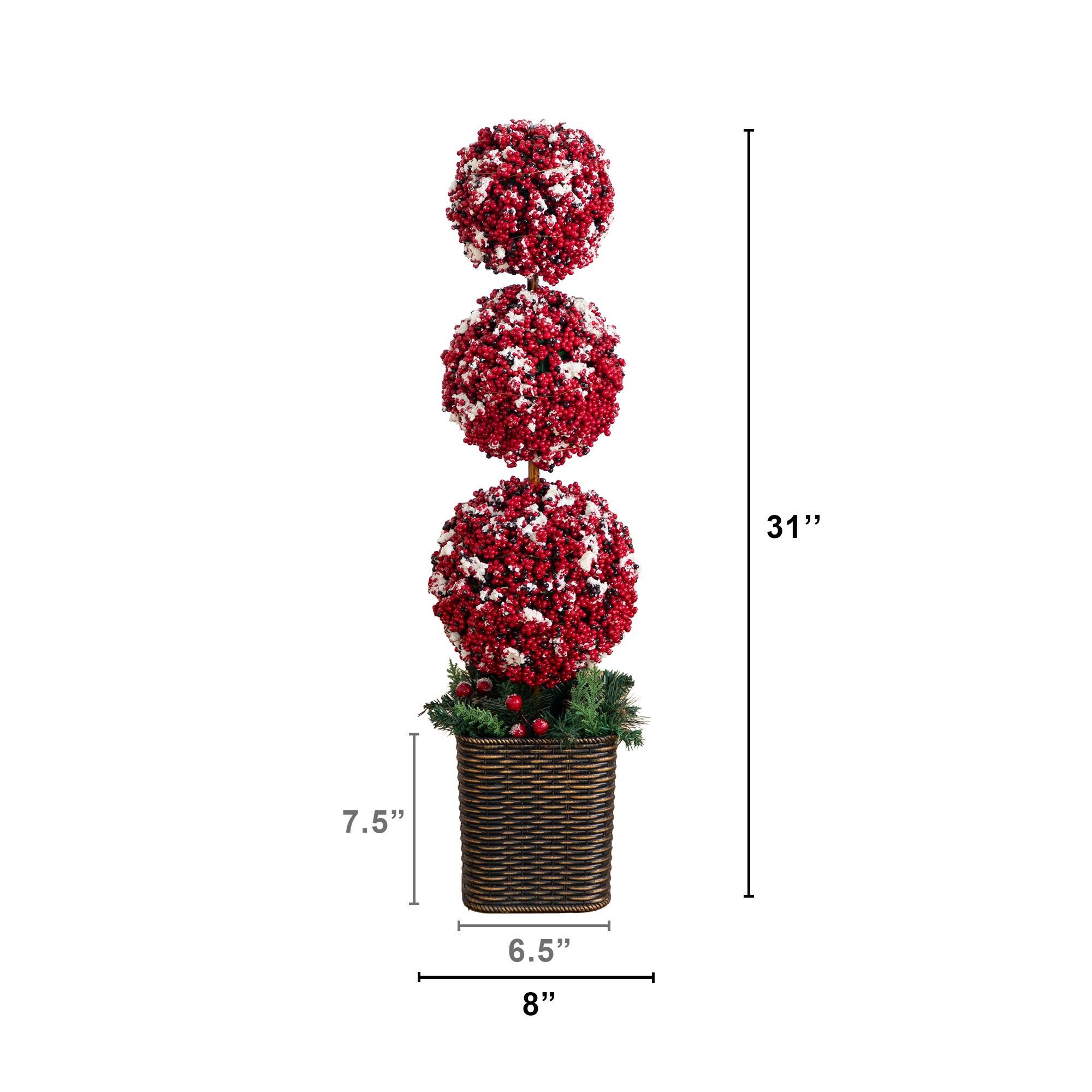Nearly Natural 31" Artificial Christmas Snowed Holly Berry Triple Ball Topiary Tree in Decorative Planter