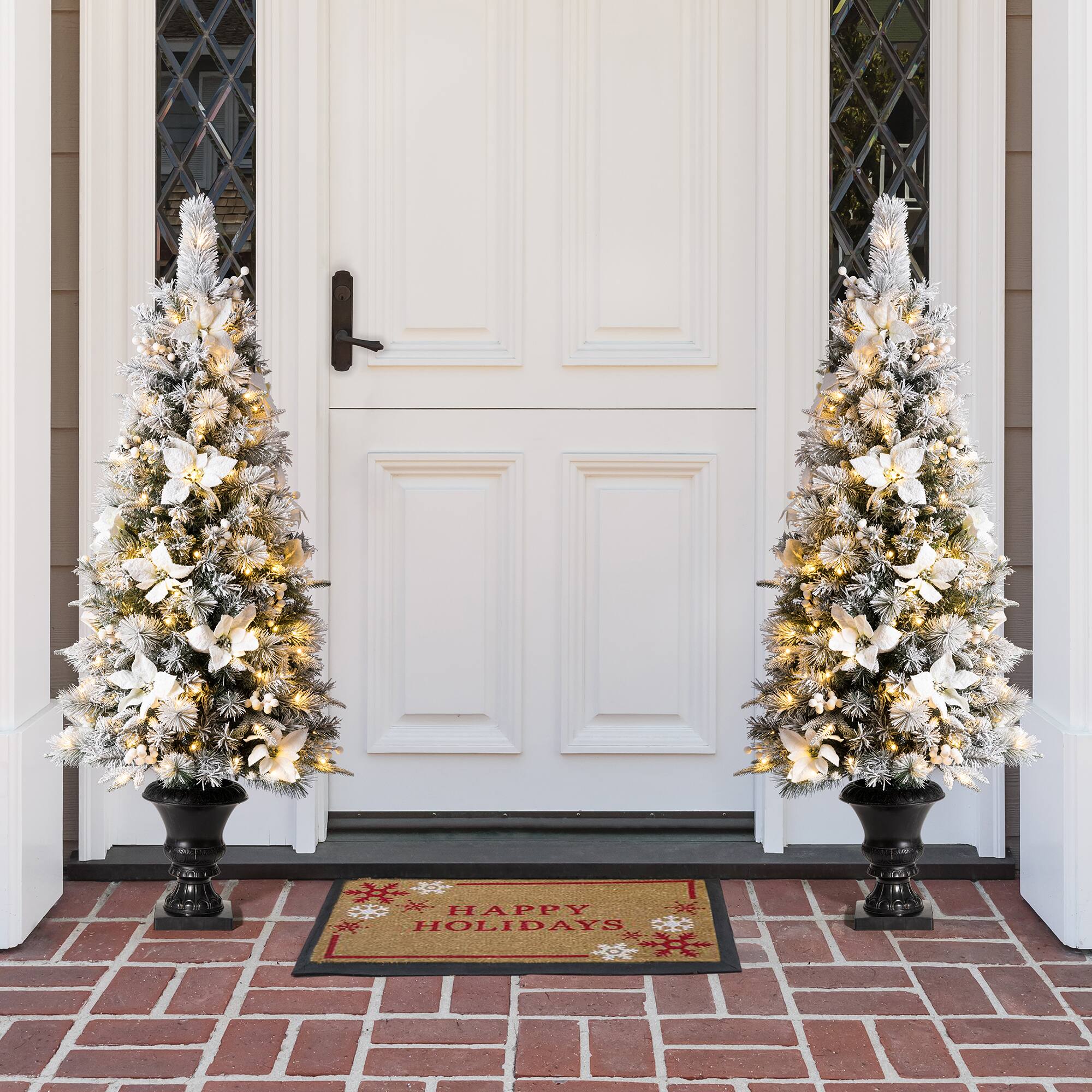 5ft. Pre-Lit Flocked Pine Artificial Christmas Tree in Planter Set, Warm White LED Lights