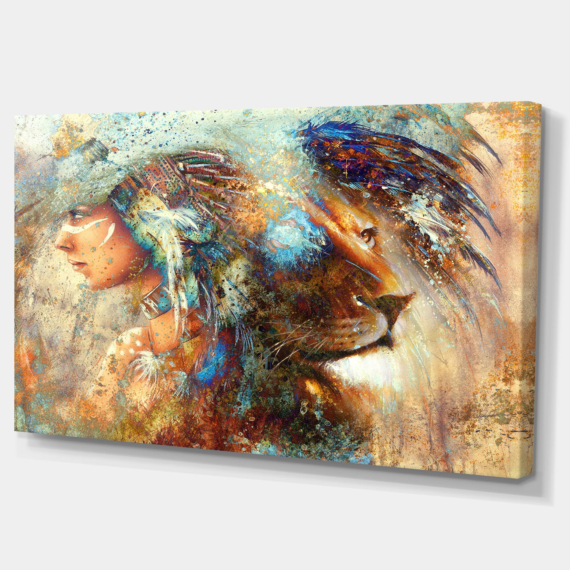 Designart - Indian Woman Collage with Lion - Indian Canvas Artwork