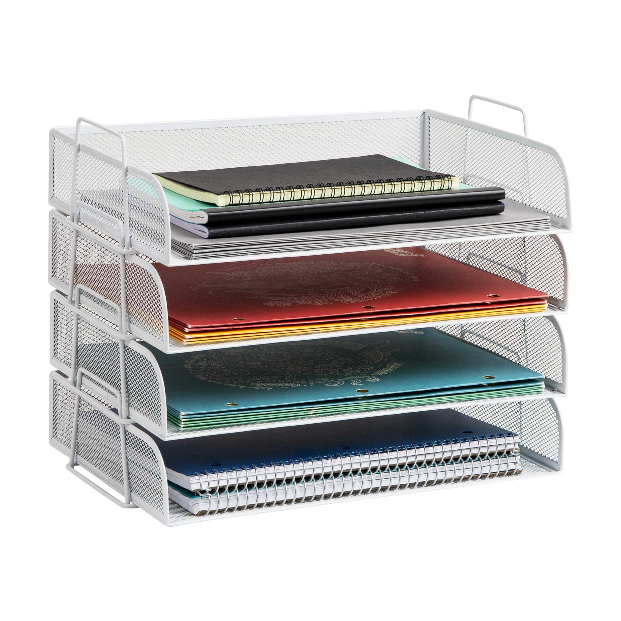 Mind Reader Stackable Paper Tray, Desktop Organizer, File Storage, Office, Metal Mesh, 13.25"L x 9.75"W x 11.5"H, 4 Pcs., White