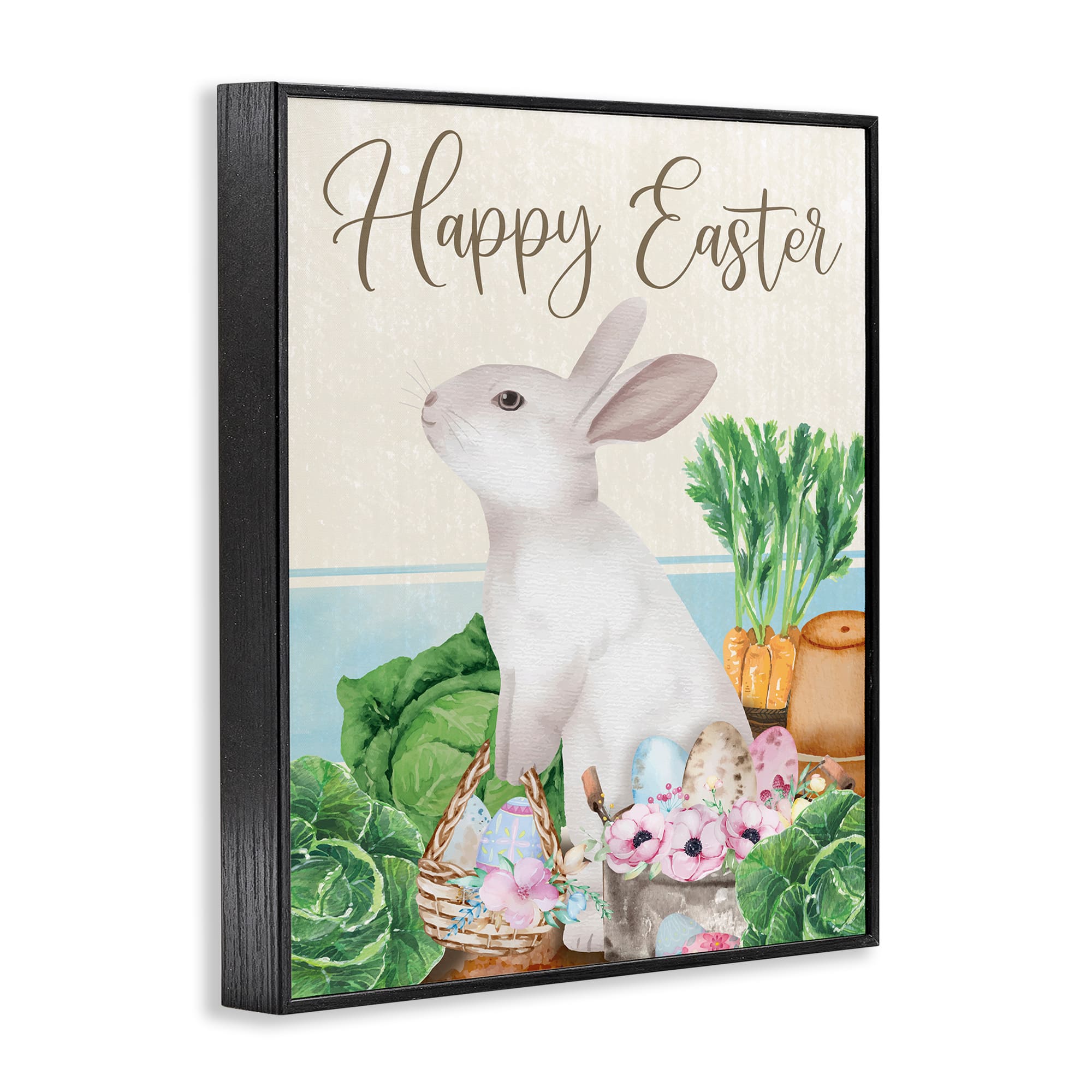 Stupell Industries Happy Easter Bunny Rabbit Greens Eggs Basket Framed Giclee Art
