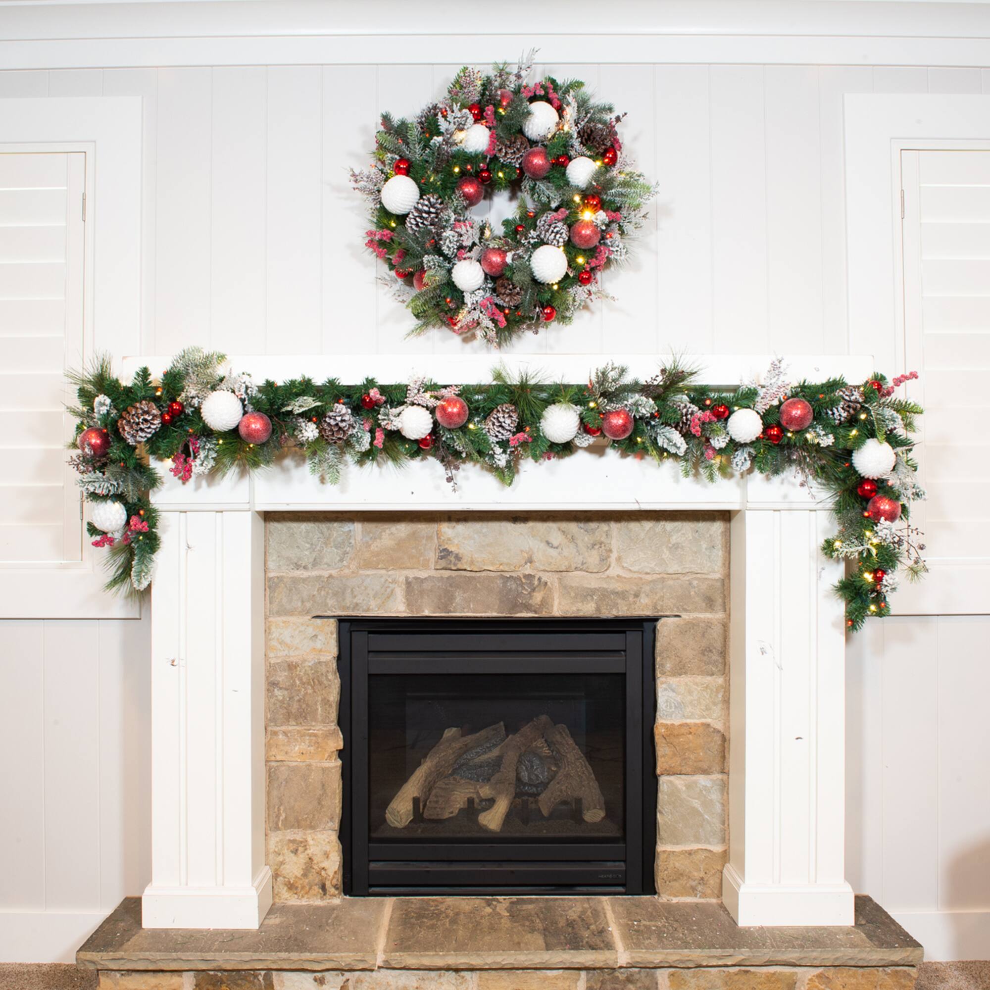 Village Lighting 30" Pre-Lit Frosted Wonderland Christmas Wreath, Red & Clear LED Lights