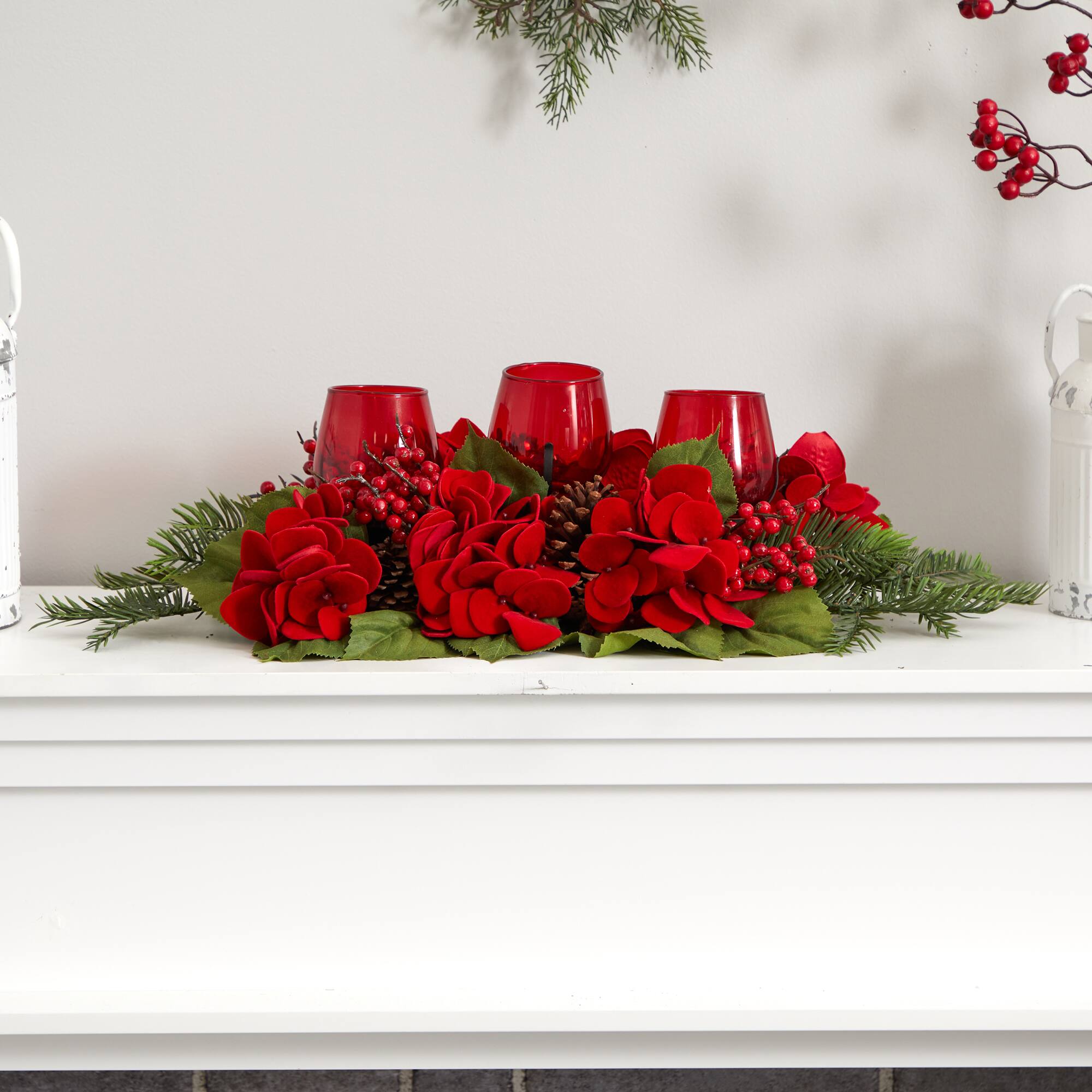 4" Triple Red Hydrangea Candelabrum Centerpiece