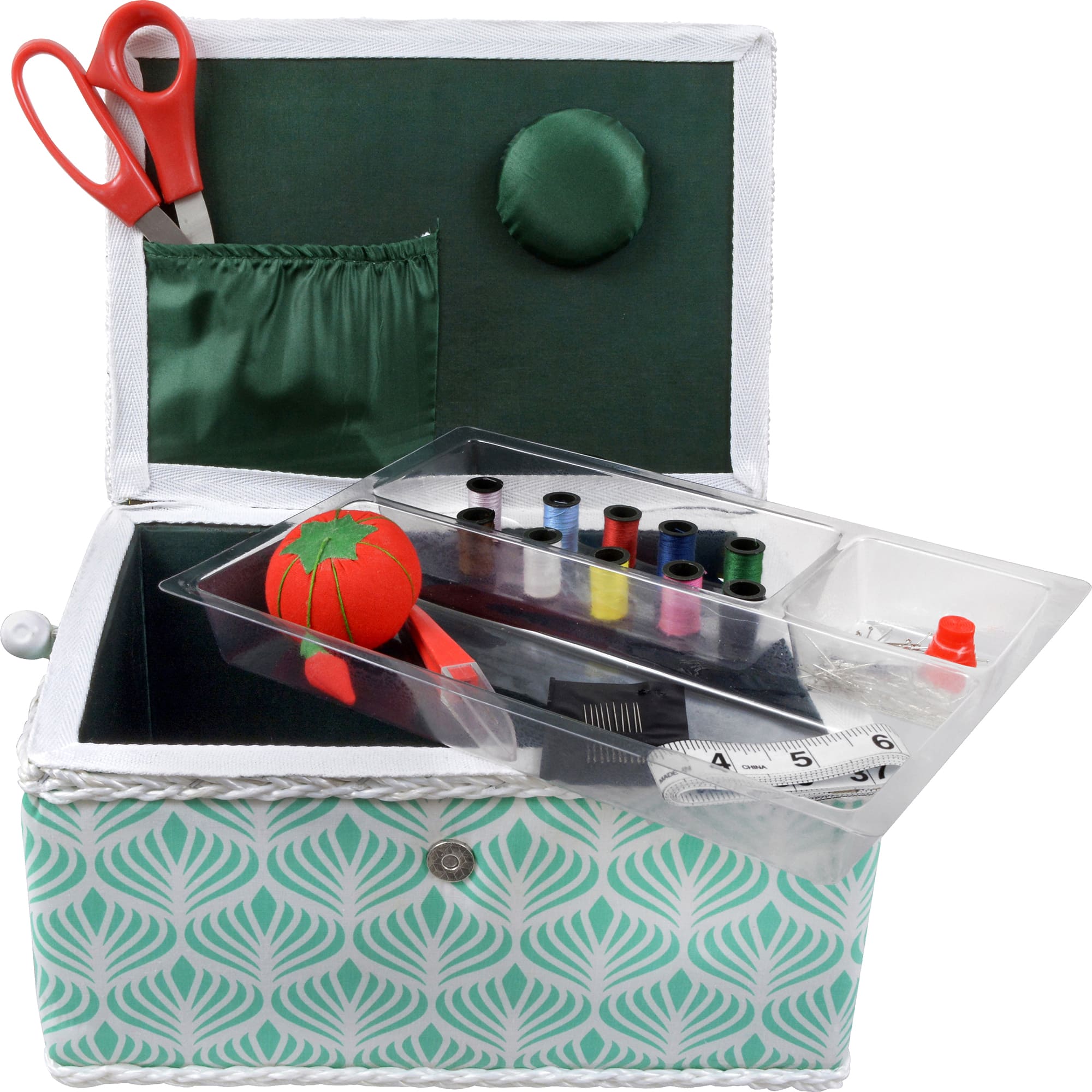 SINGER® Large Blue Boho Fan Print Sewing Basket with Sewing Scissors & Notions