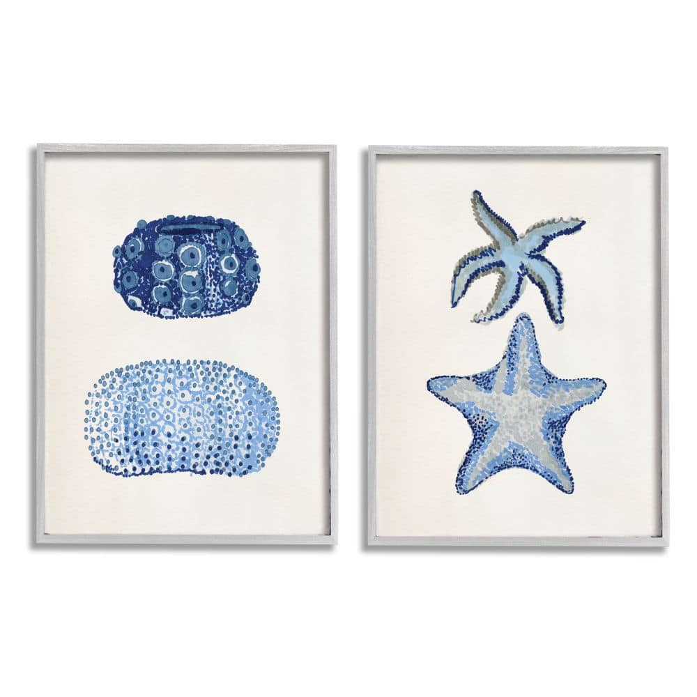 Stupell Industries Minimal Nautical Sea Creatures Blue White Painting in Gray Frame Wall Art