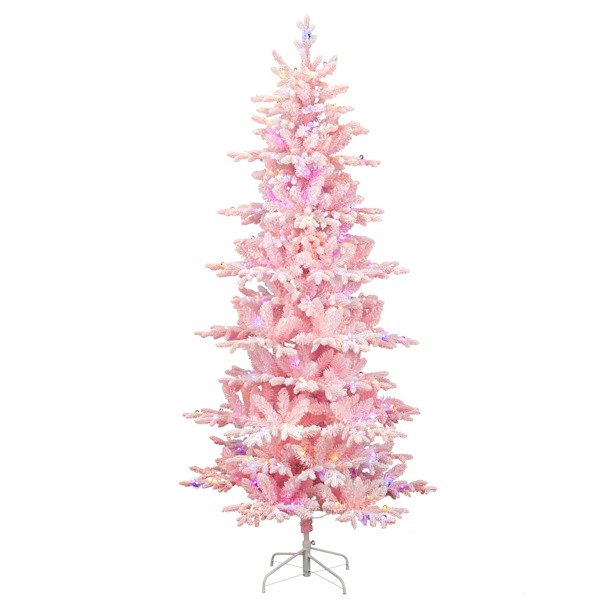 Glitzhome 8ft Pre-Lit Pink Flocked Slim Fir 7 1/2 Foot Pre-Lit Multi-Function Lights Fir Christmas Tree, One Size, Pink