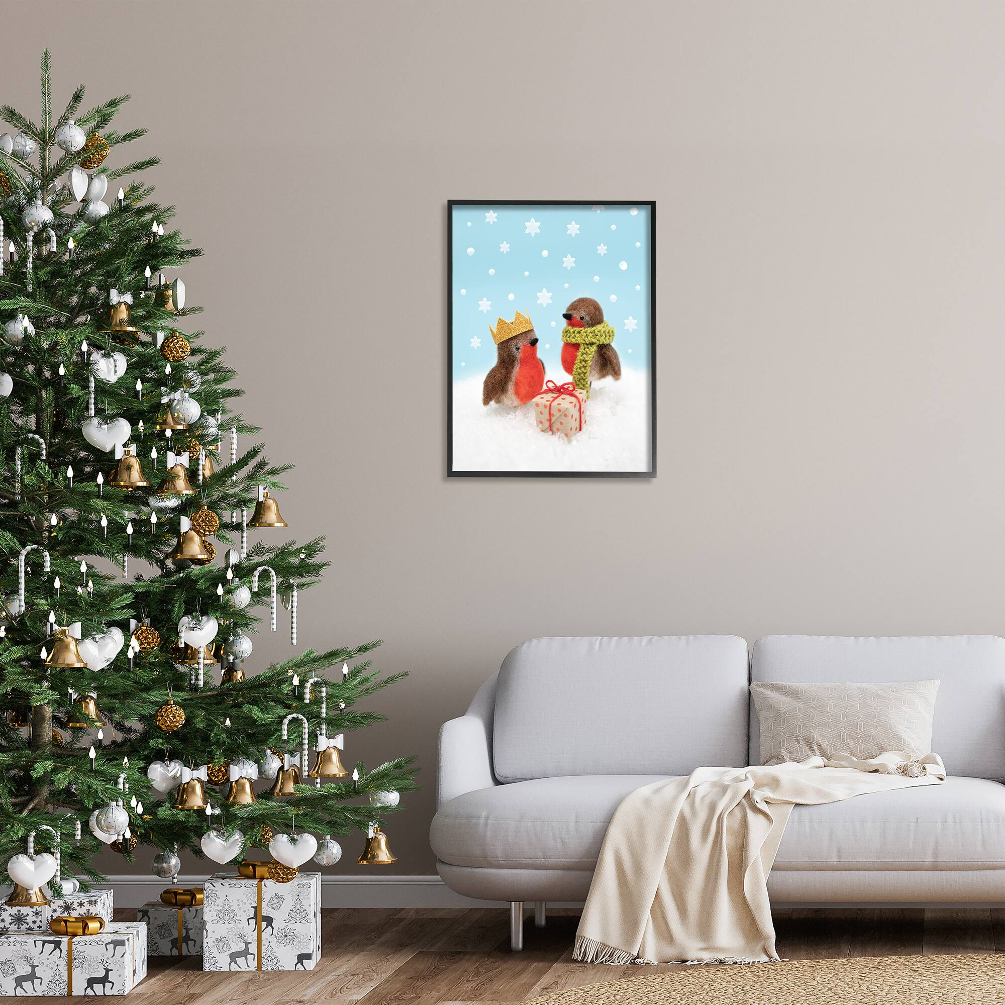 Stupell Industries Birds Gift Giving Christmas Snow Framed Giclee Art