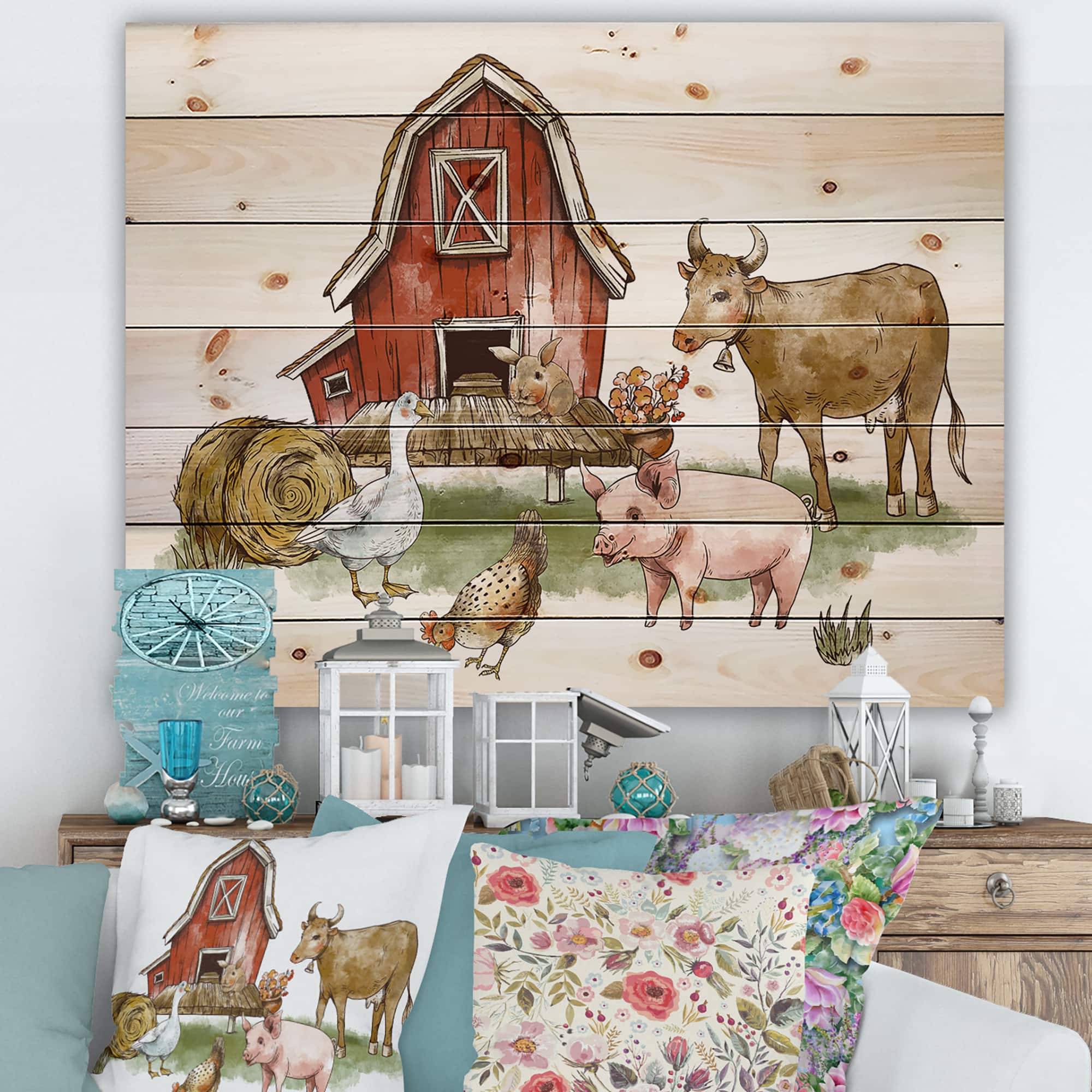 Designart - Farm House With Goose Chicken Cow Pig and Haystack - Rustic Print on Natural Pine Wood