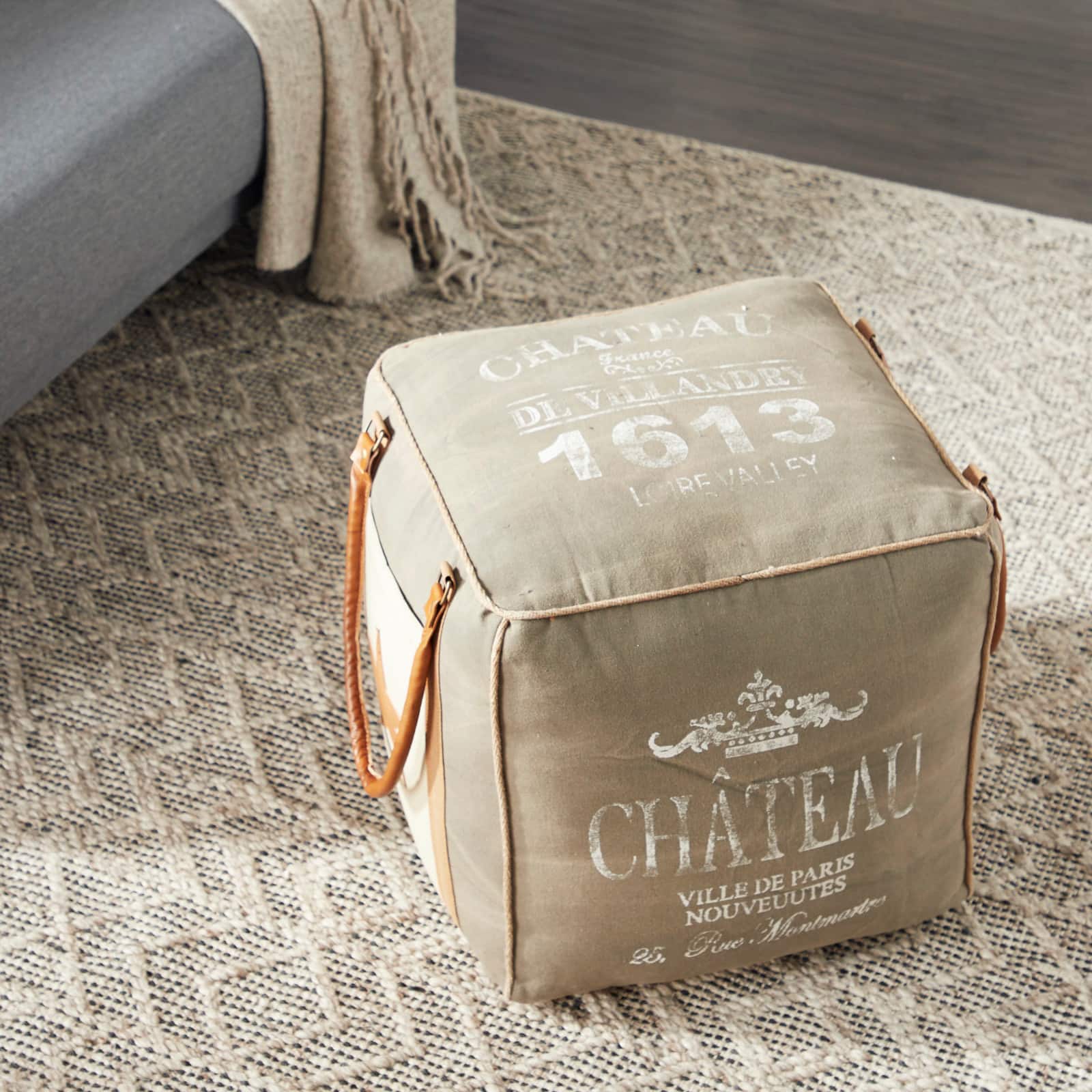 Gray Fabric and Leather Rustic Pouf, 17" x 21" x 21"