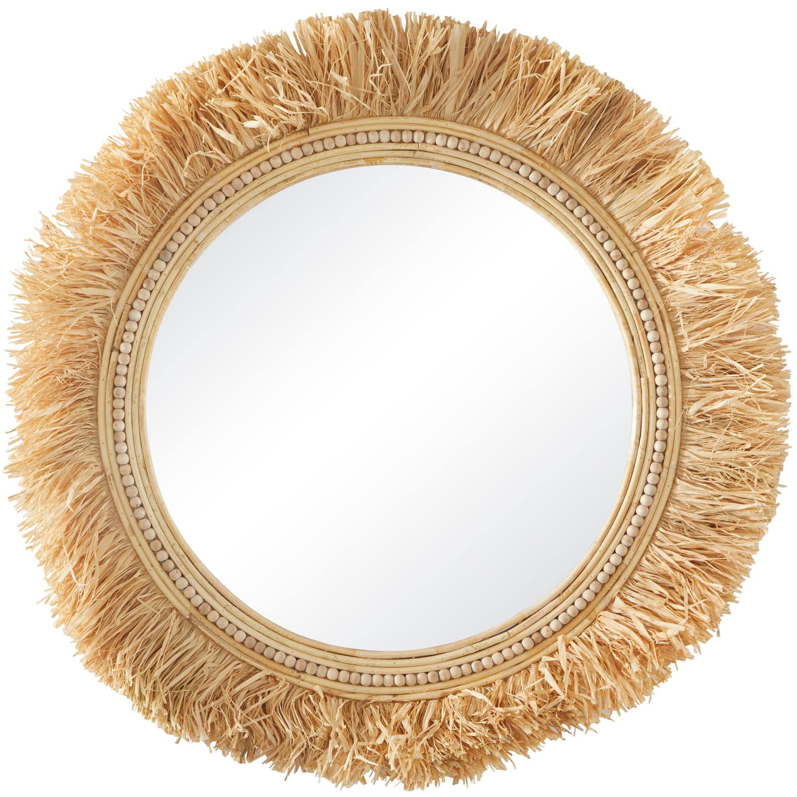 Light Brown Seagrass Wall Mirror with Fringe Detailing 35" x 1" x 35"