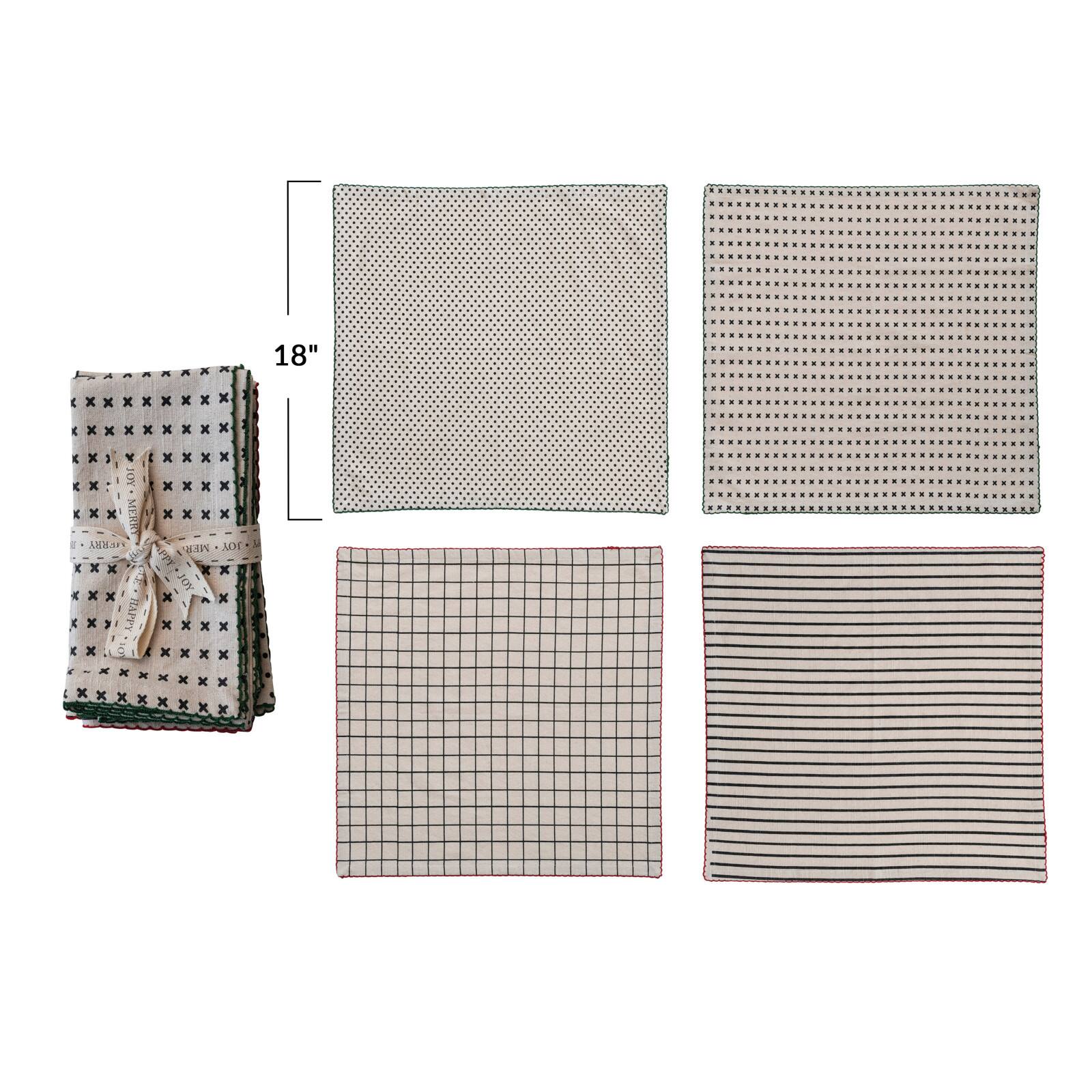Hello Honey® Black & Natural Mixed Pattern Cotton Fabric Napkin Set with Red & Green Stitched Edges
