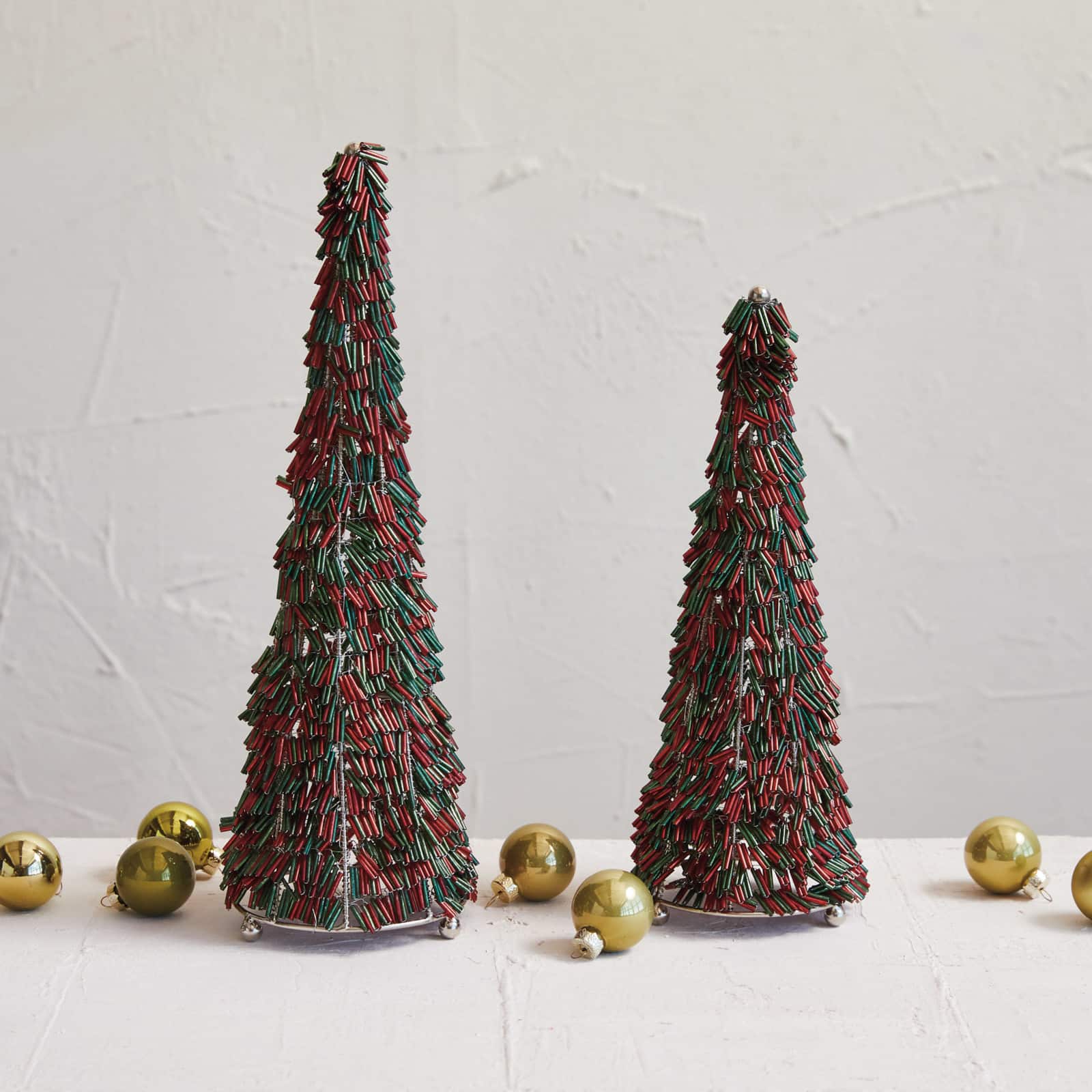 Hello Honey® 10.75" Red & Green Metal & Glass Beaded Christmas Tree