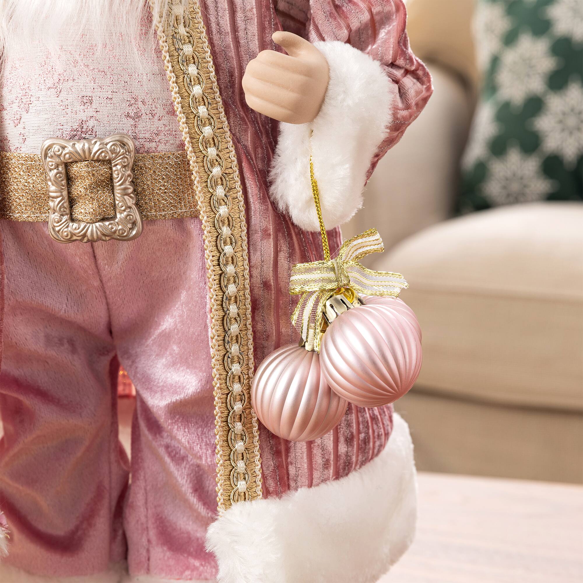 Glitzhome® 18" Faux Fur Deluxe Pink Christmas Santa Figurine with Porcelain Face