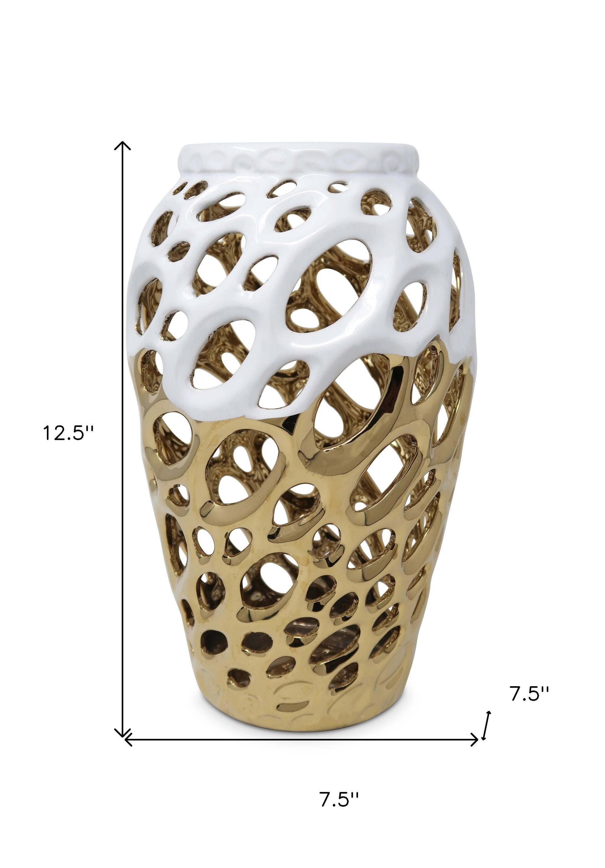 HomeRoots 12.5" Gold & White Pierced Urn Porcelain Table Vase