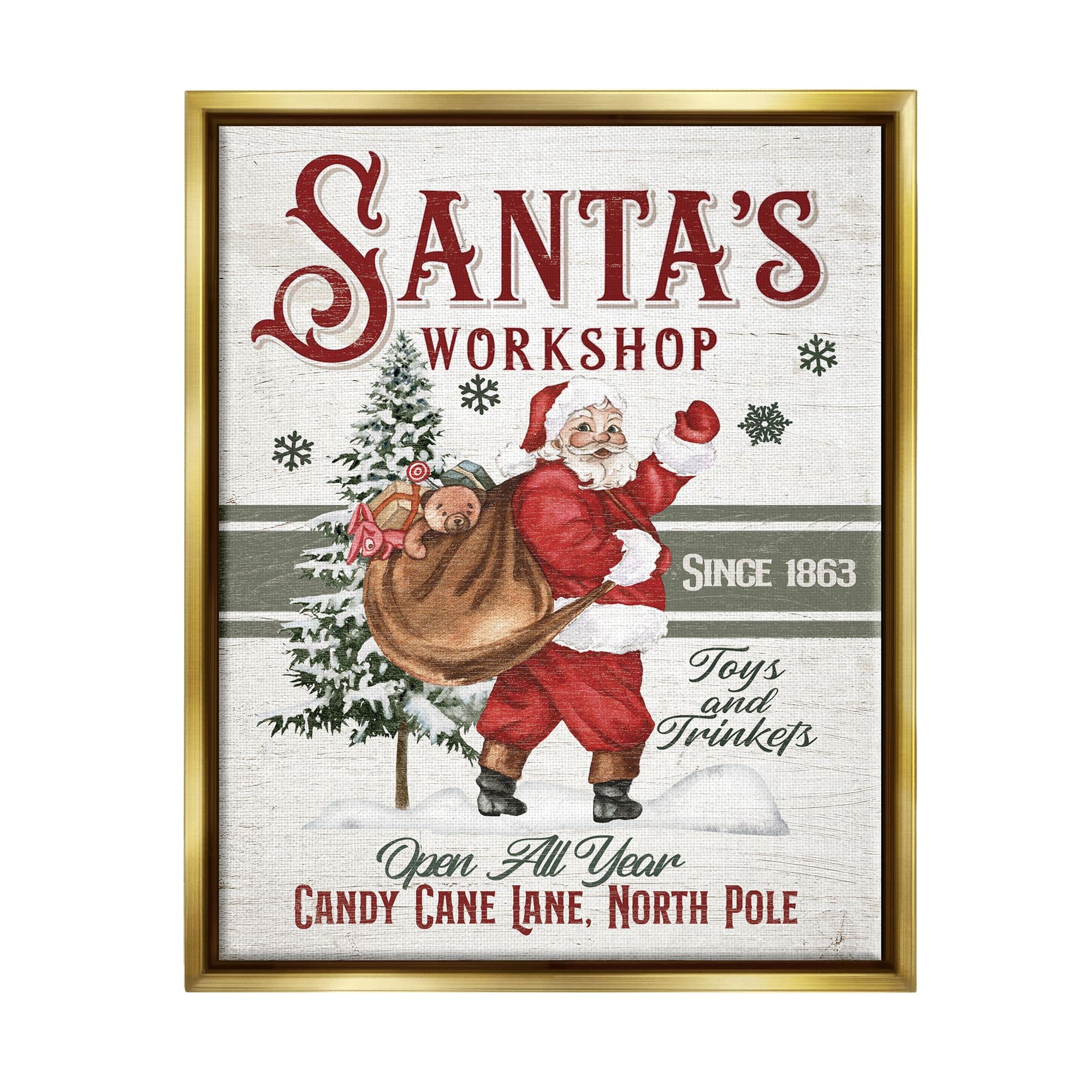 Stupell Industries Santa's Workshop Weathered Vintage Sign Framed Floater Canvas Wall Art