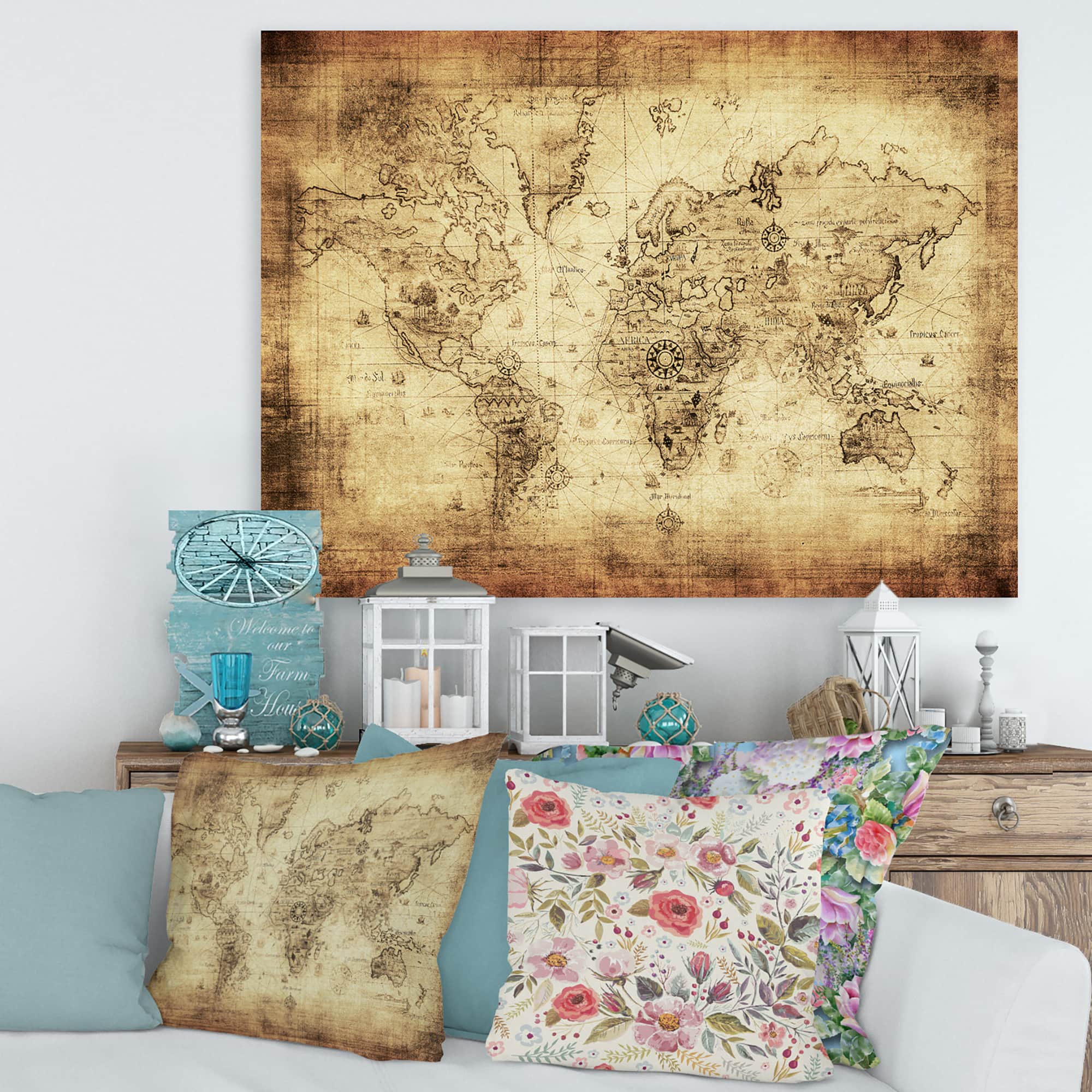 Designart - Ancient Map of The World IV - Vintage Canvas Wall Art Print