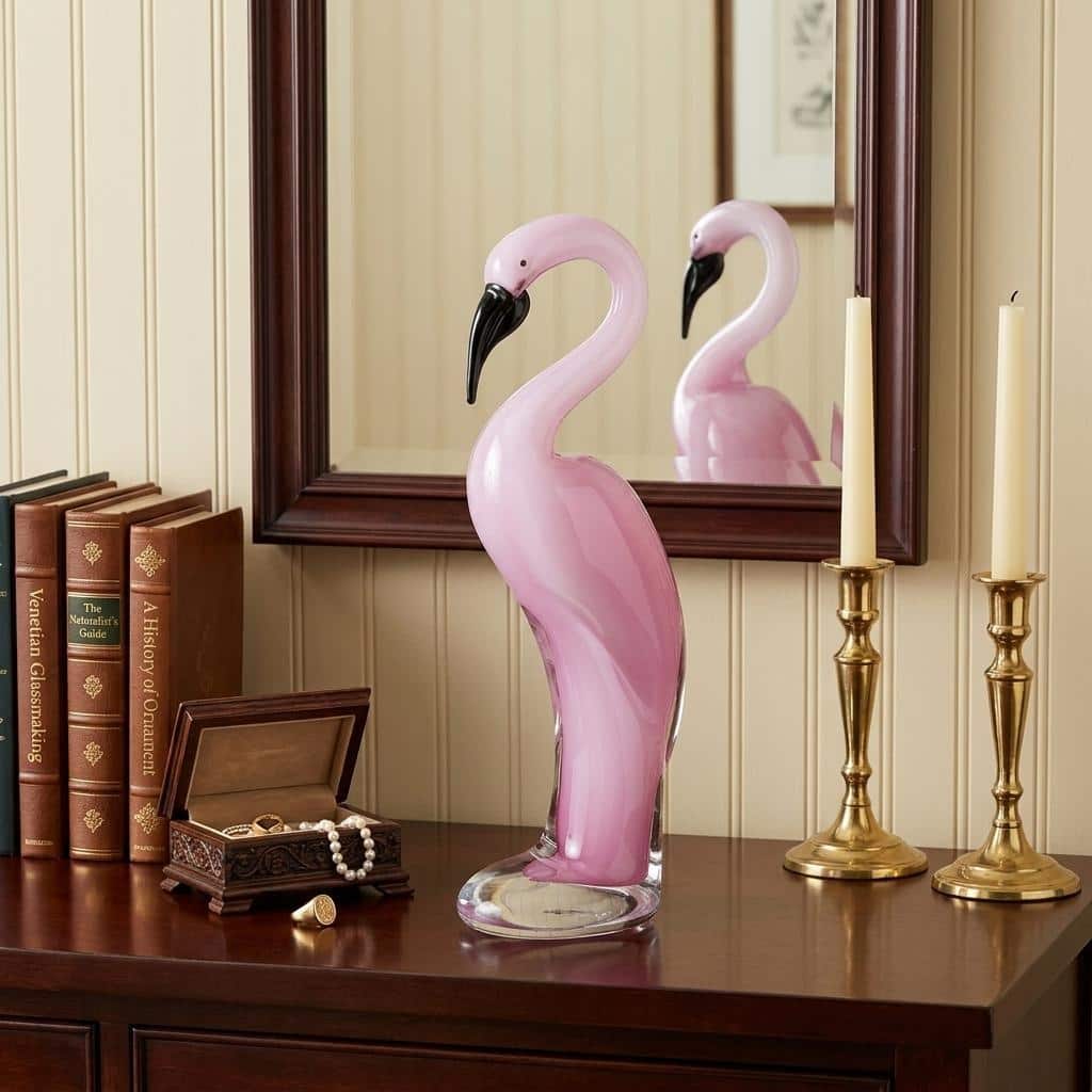 HomeRoots 14.5" Pink Murano Style Art Glass Flamingo Tabletop Sculpture