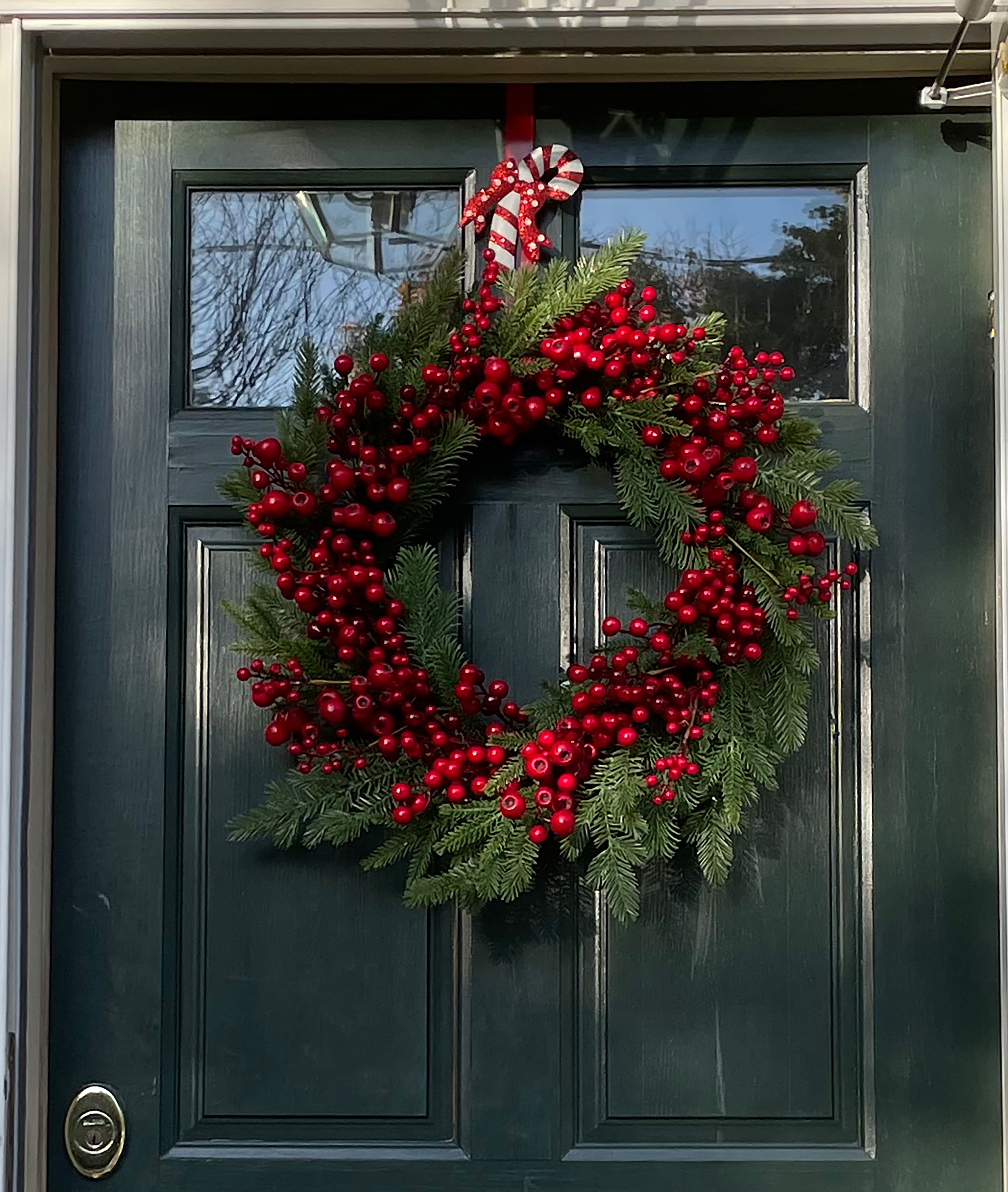 14" Candy Cane Metal Wreath Hanger with Bow