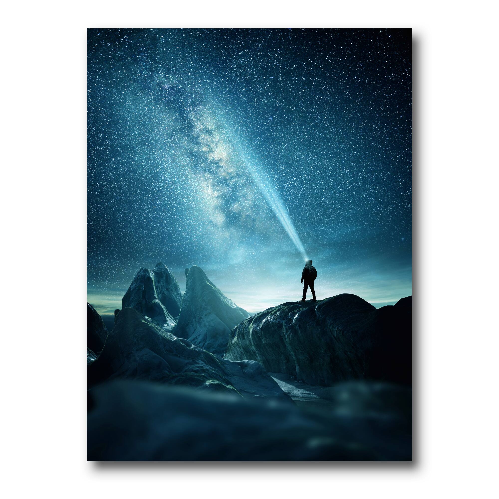 Designart - A Man Shining A Light Into The Night Sky - Modern Canvas Wall Art Print