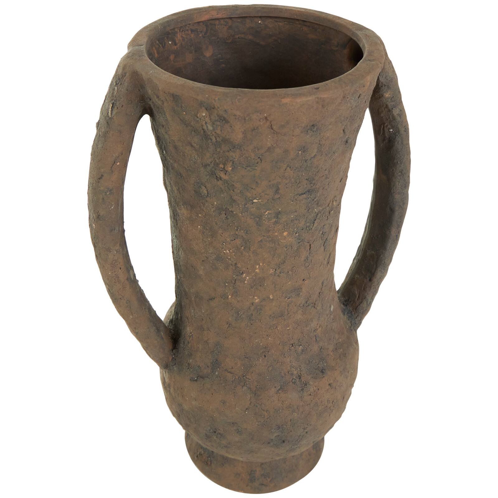 15" Dark Brown Ceramic Handmade Textured Amphora Vase with Two Long Handles