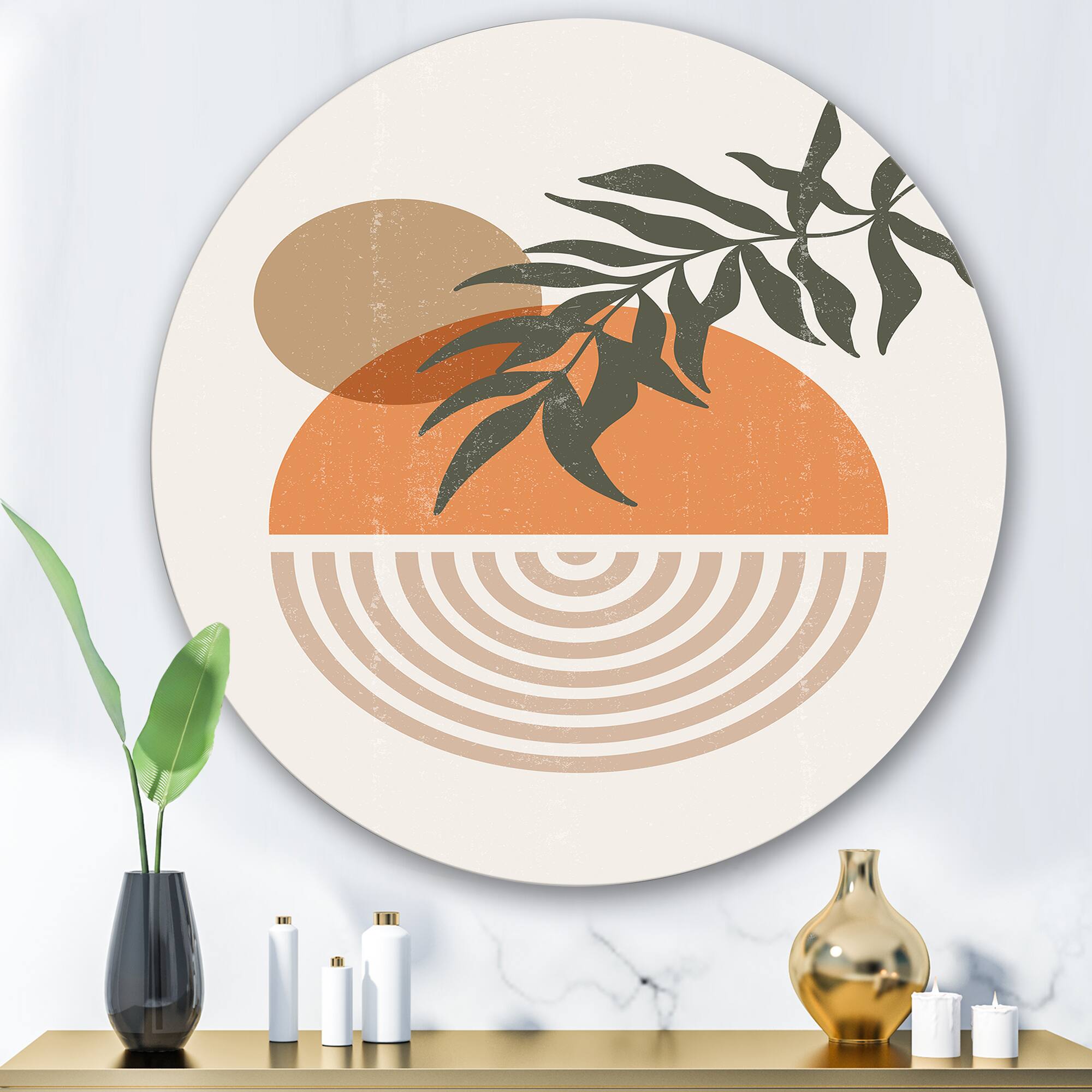Designart - Abstract Geometrical Sun and Moon With Leaf I - Modern Metal Circle Wall Art