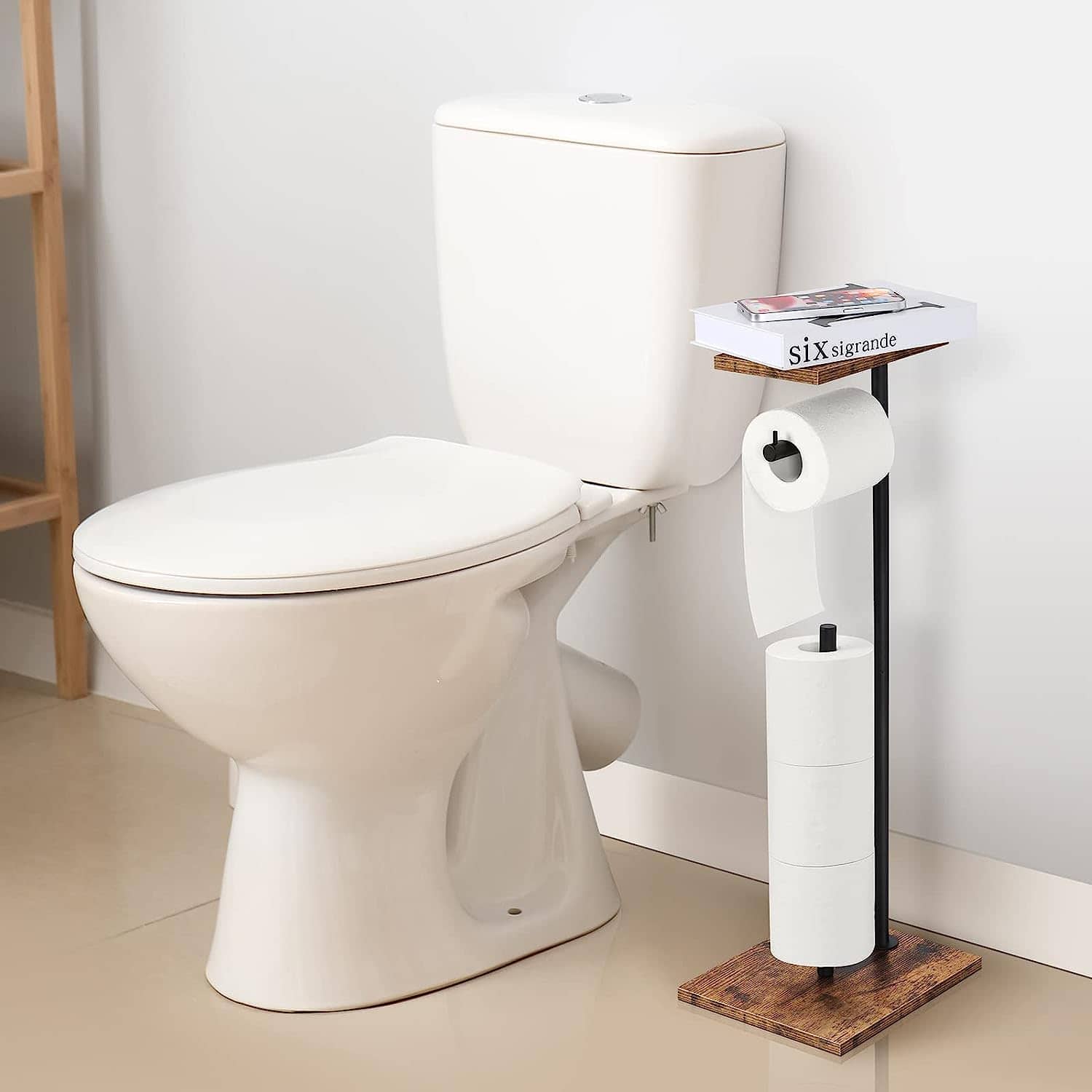 Black Freestanding Toilet Paper Holder Stand with Shelf