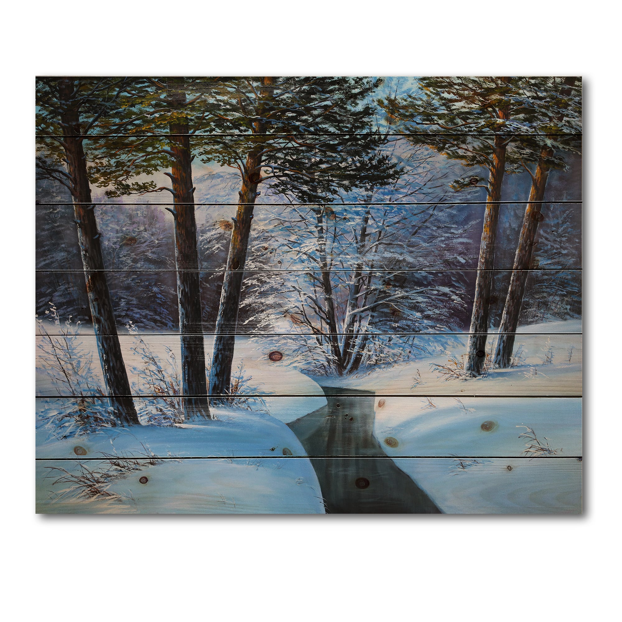 Designart Christmas Forest with River & Trees III Print on Natural Pine Wood