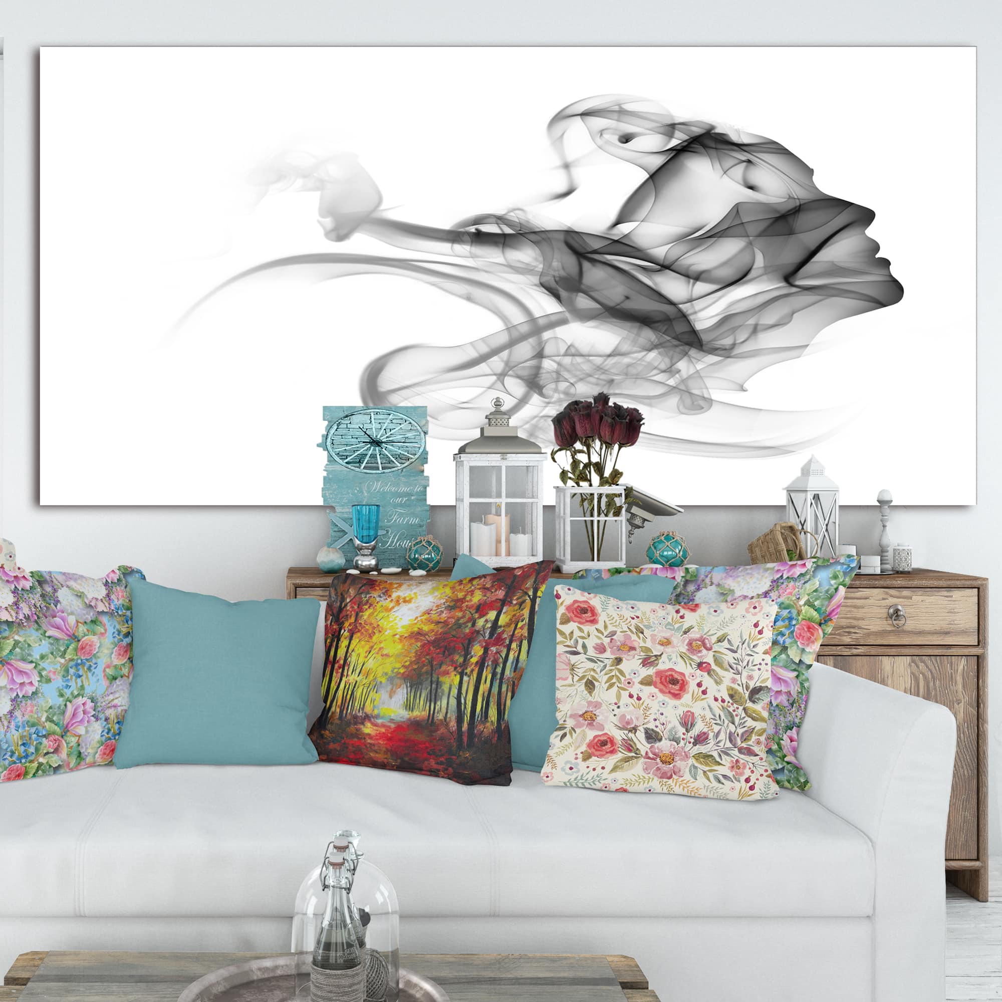 Designart - Woman and Smoke Double Exposure - Portrait Canvas Art Print