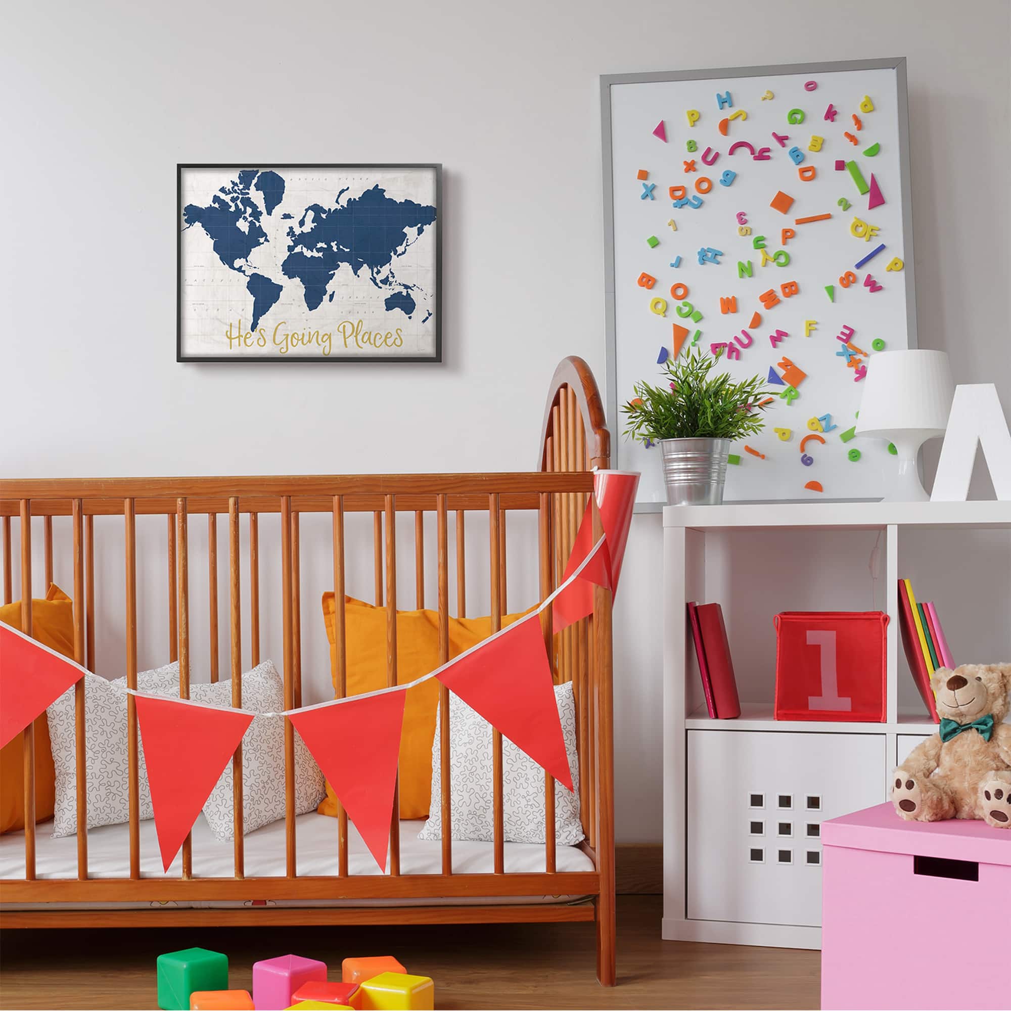 Stupell Industries He's Going Places Blue World Map Black Framed Wall Art