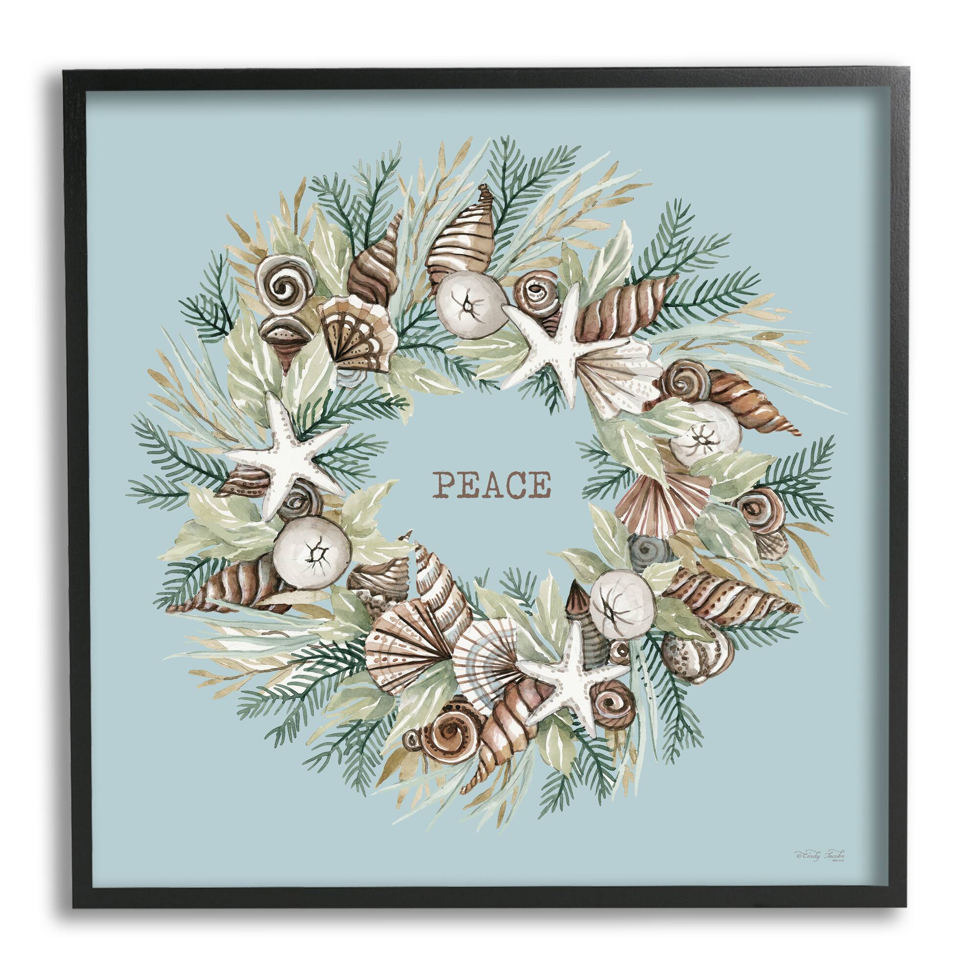Stupell Industries Coastal Holiday Peace Wreath Framed Giclee Art