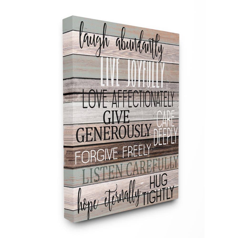 Stupell Industries Live Joyfully Phrases on Wood Grain Brown Tan Teal Canvas Wall Art